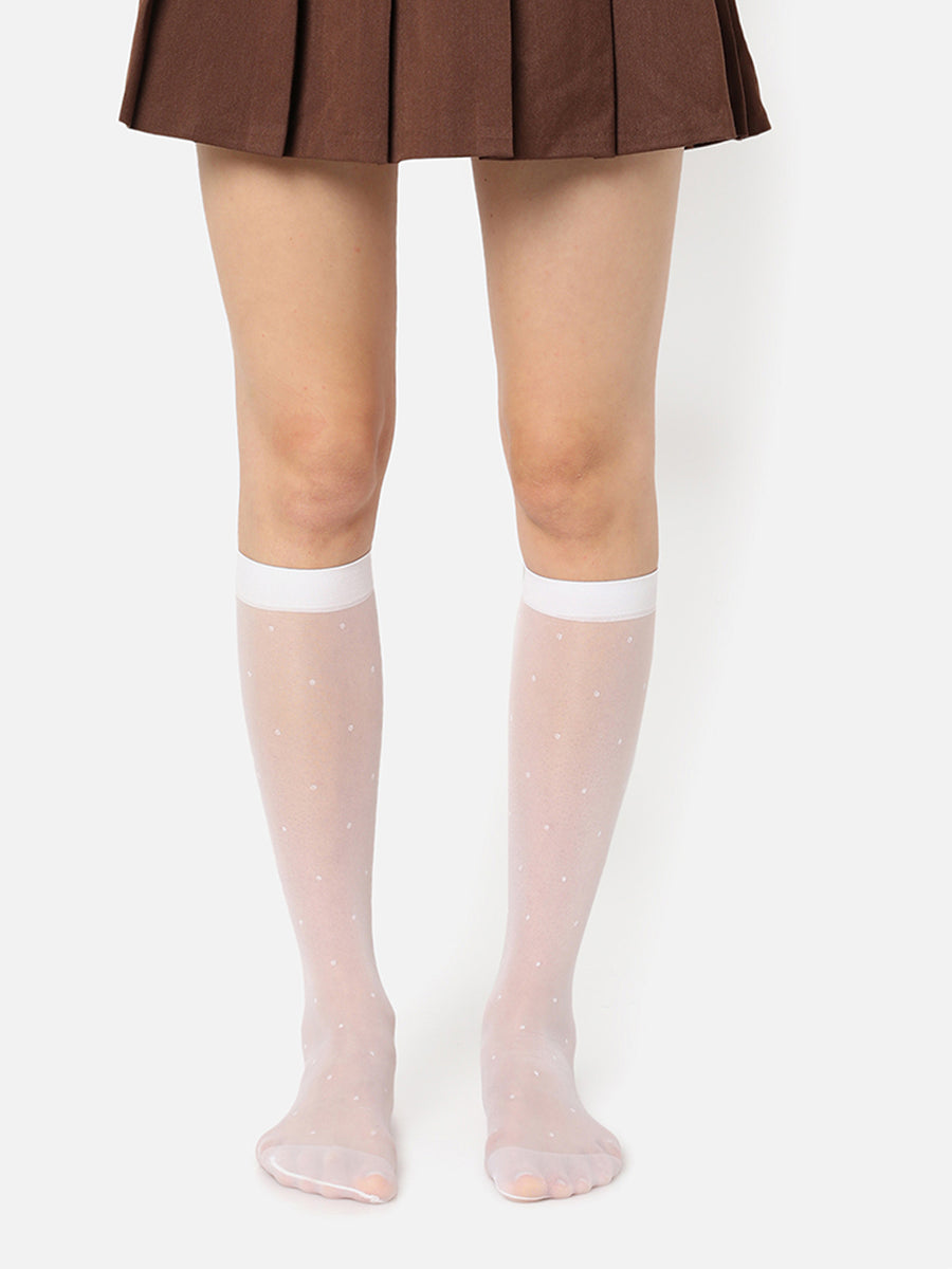 Women White Solid Knee High Stockings 2608