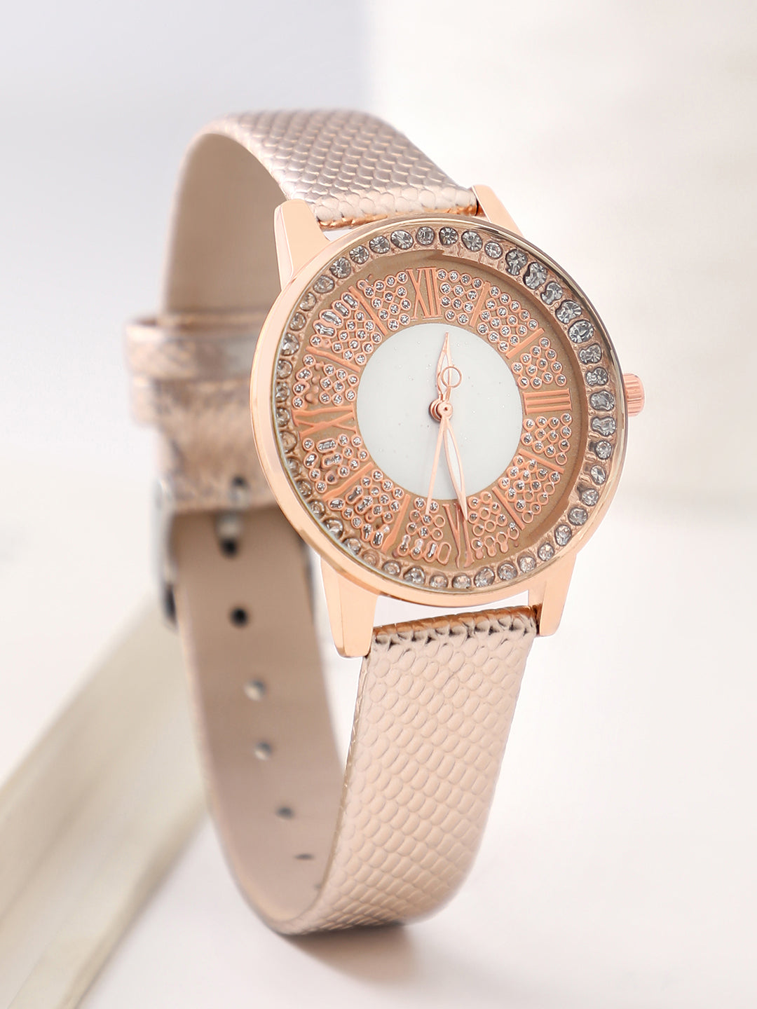 Gold & White Crystal Stone Analog Round Dial With Gold Textured Leather Strap