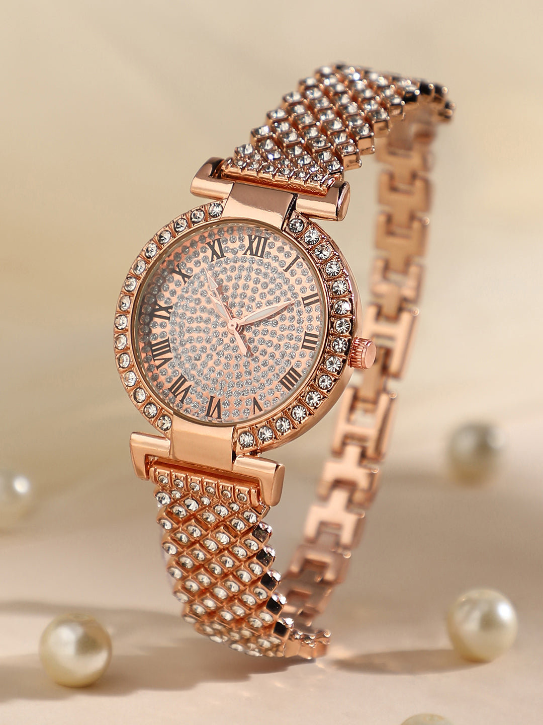 Embellished Round Watch - Rose Gold