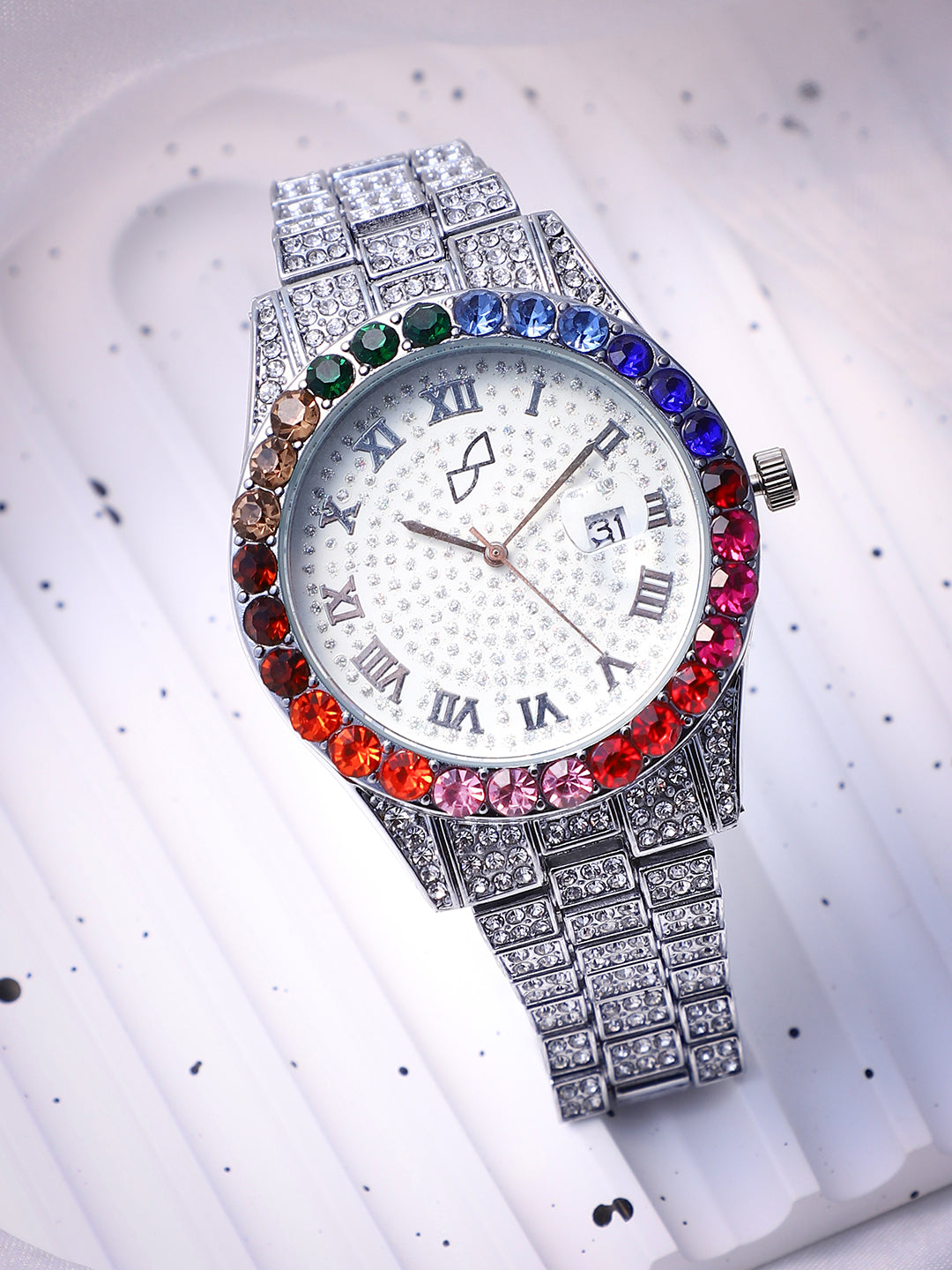 White & Colourful Stones Analog Round Dial With Crystal Stones Silver Metal Strap