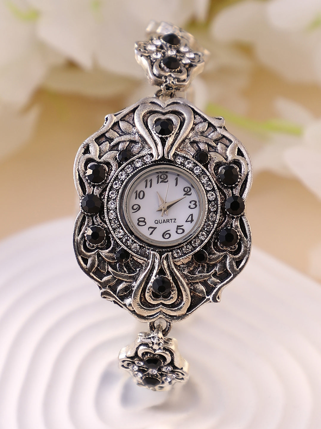 The Stone Foliage Round Watch - Antique Silver