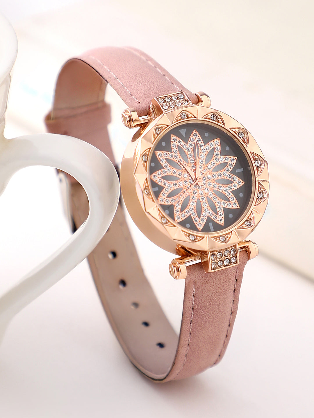 Black & Gold Crystal Stone Decorative Analog Round Dial With Pink Suede Strap