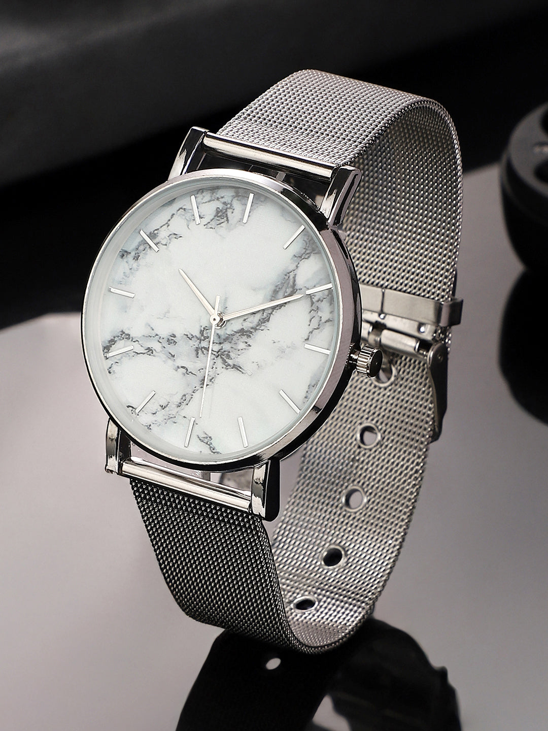 Sleek White Marble Analog Round Dial With Space Grey Metal Mesh Strap