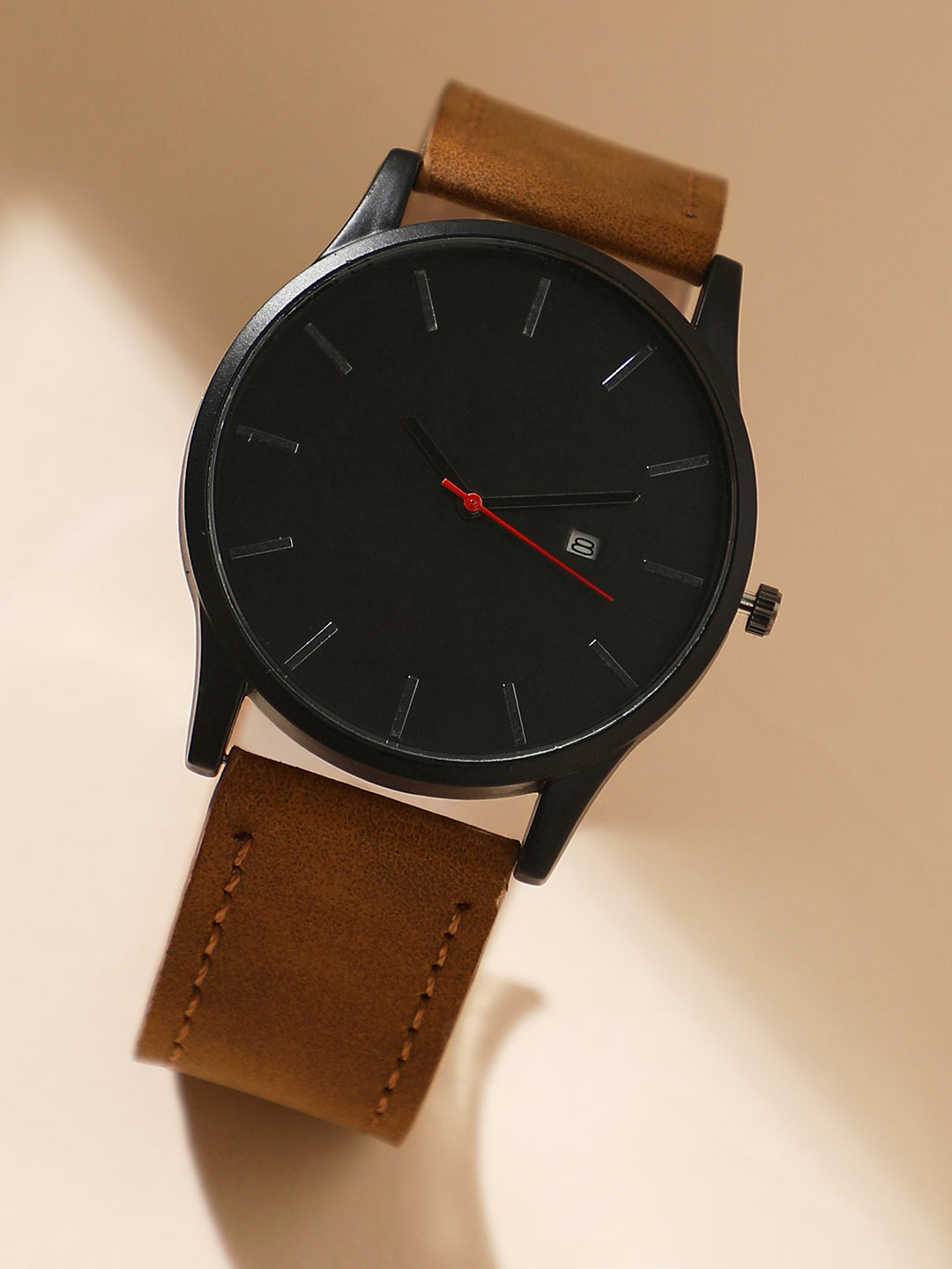 Black Analog Round Dial With Brown Suede Strap