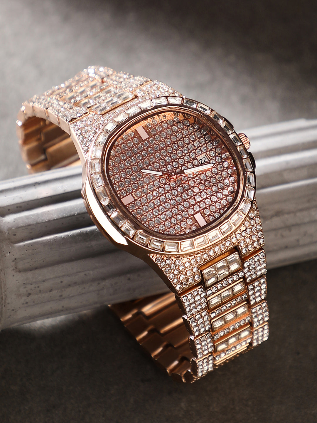 Embellished Round Watch - Rose Gold