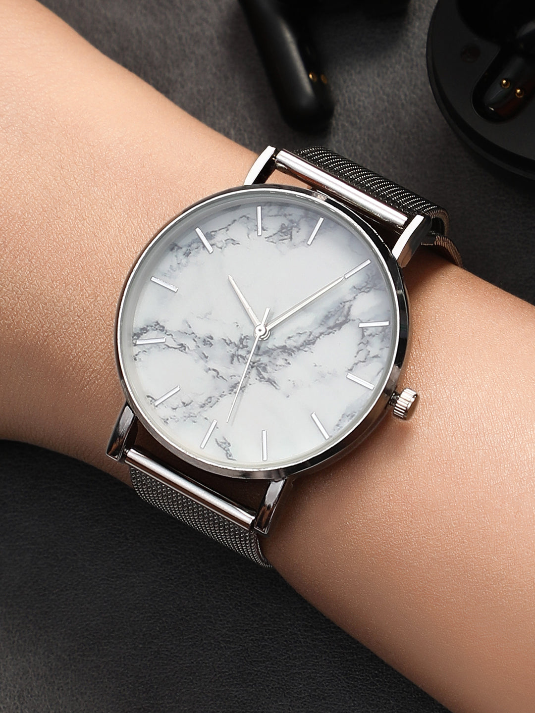 Sleek White Marble Analog Round Dial With Space Grey Metal Mesh Strap