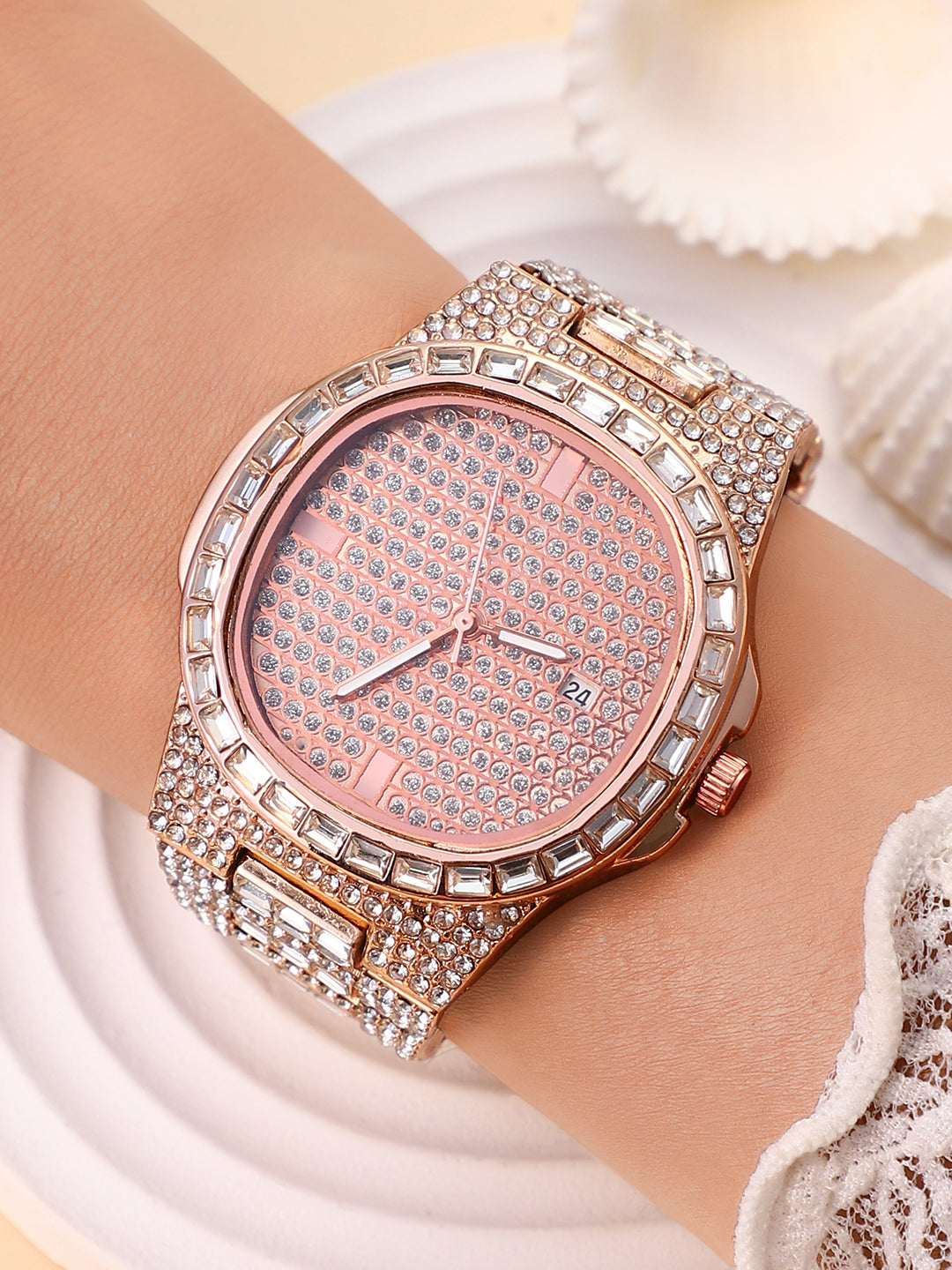 Embellished Round Watch - Rose Gold