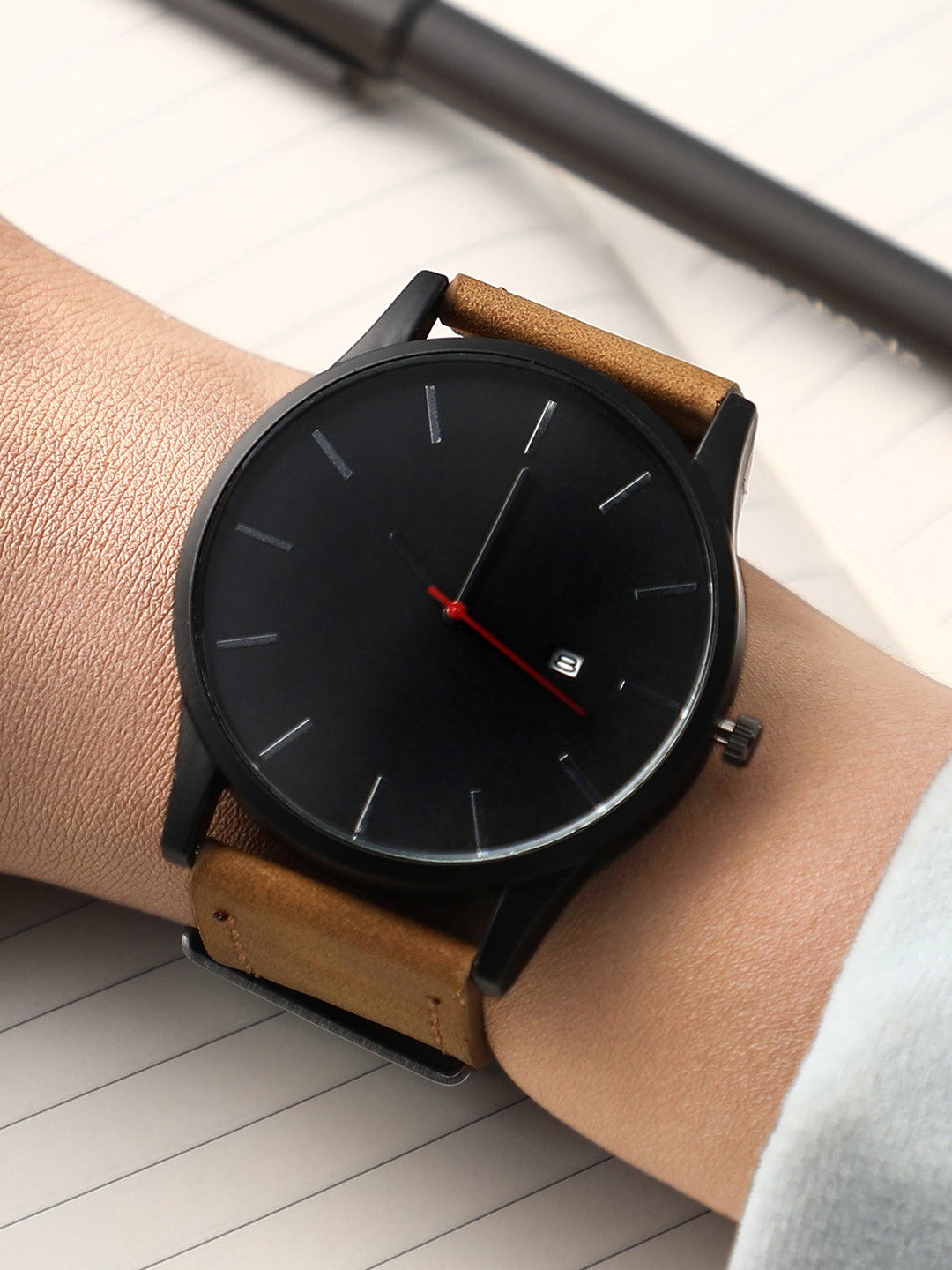 Black Analog Round Dial With Brown Suede Strap