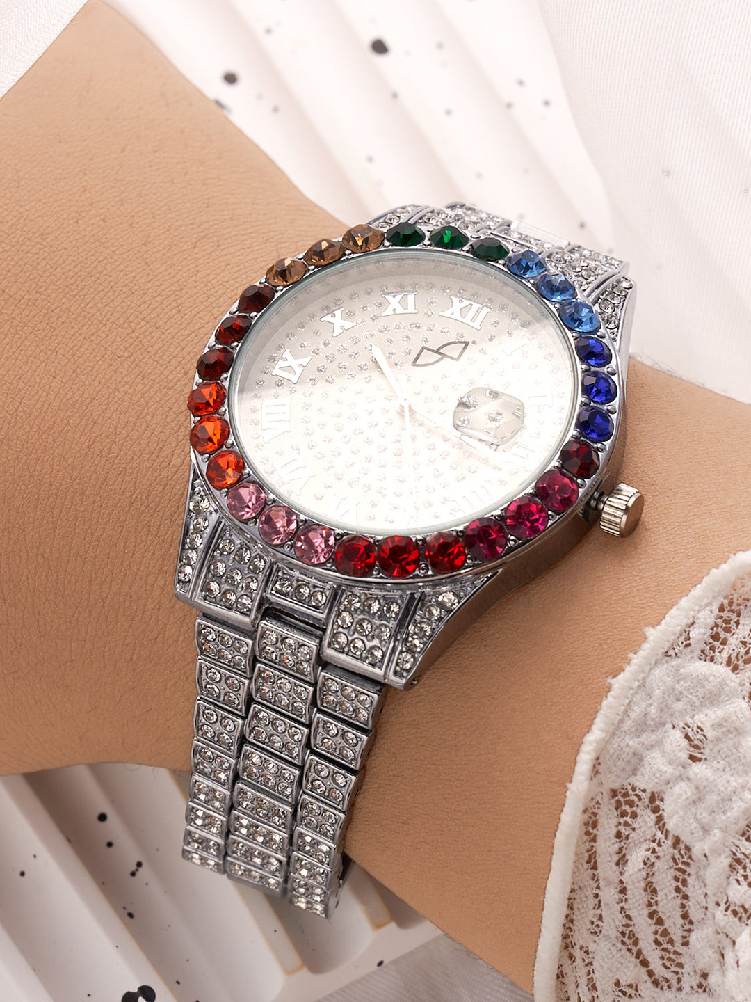 White & Colourful Stones Analog Round Dial With Crystal Stones Silver Metal Strap