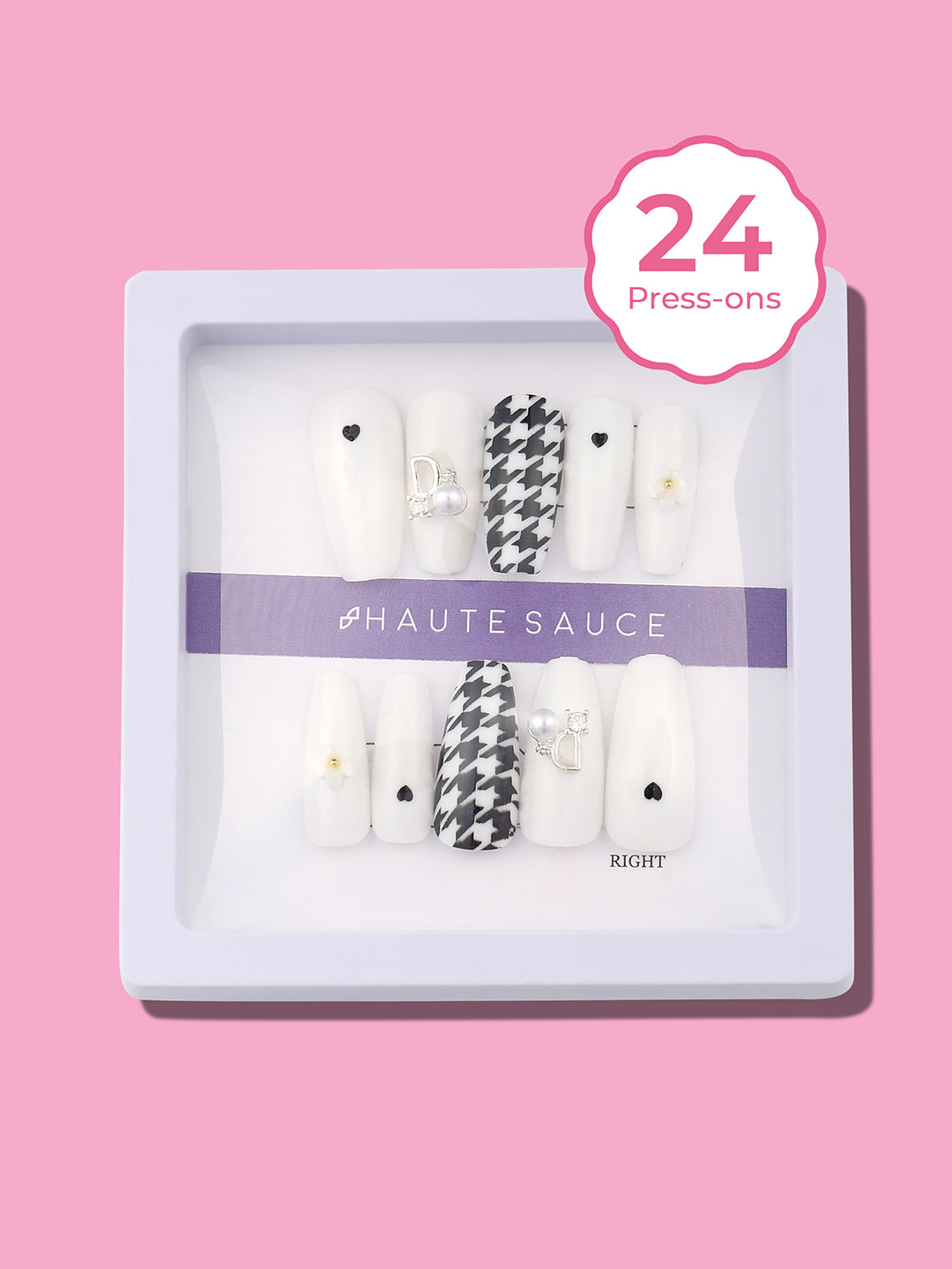 The Houndstooth Cuore Press-On Nails - Chalk White:Onyx Black