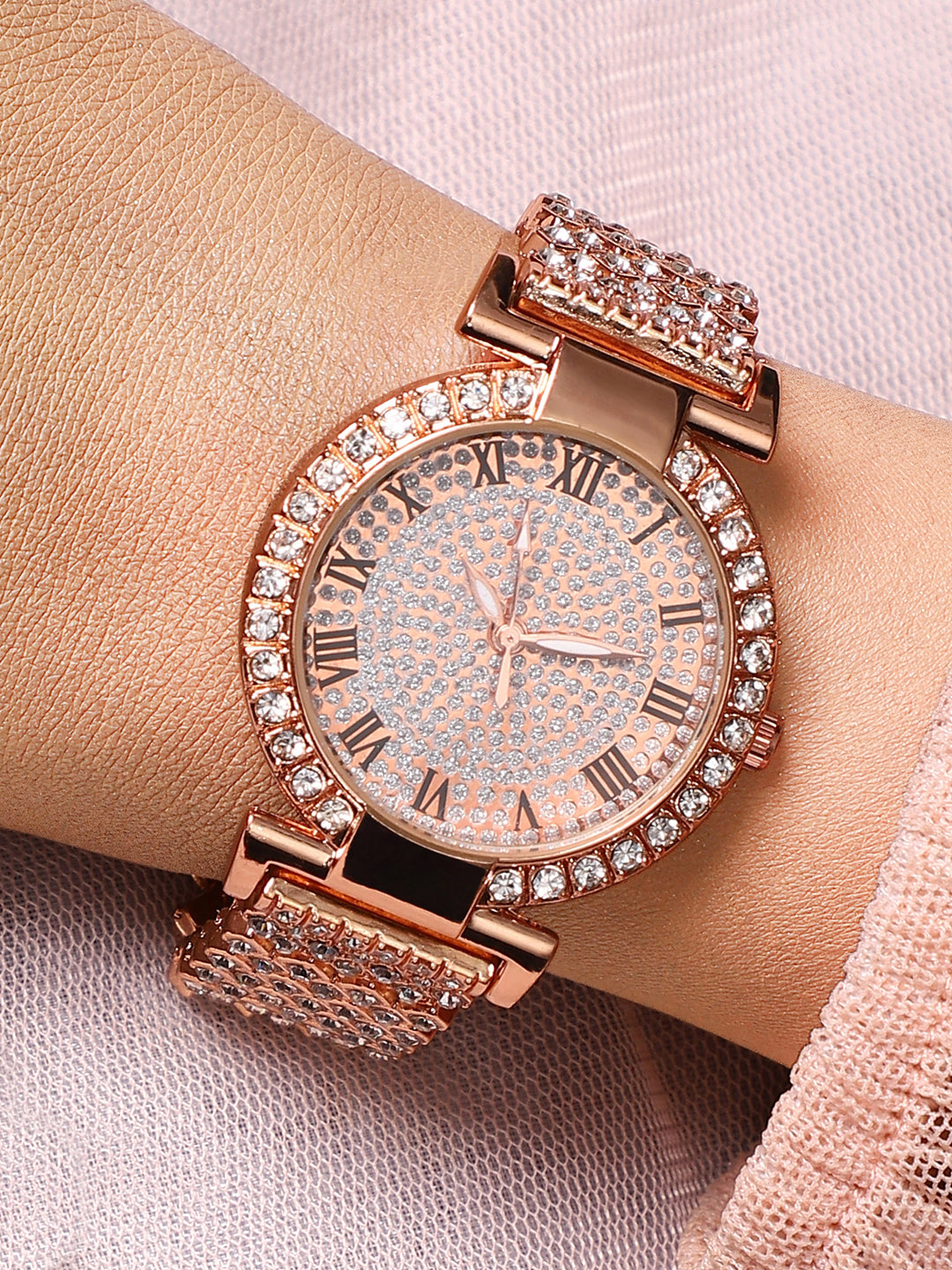 Embellished Round Watch - Rose Gold