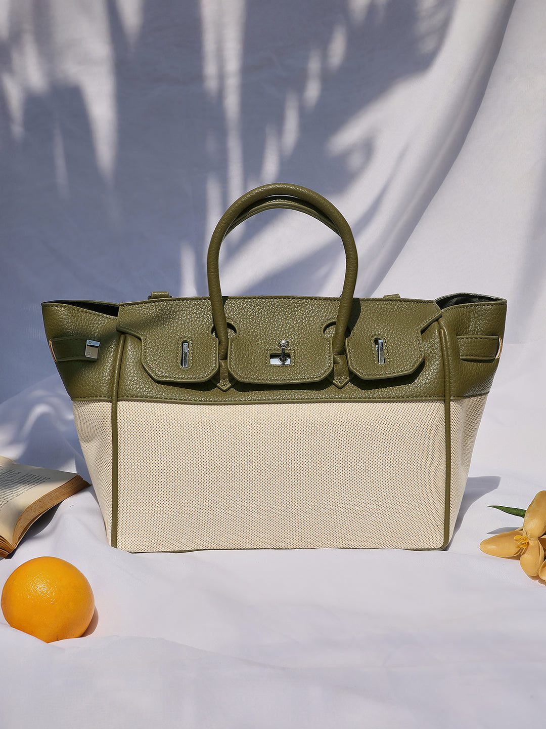 The Panel-Overlap Satchel Bag - Off-White:Olive Green