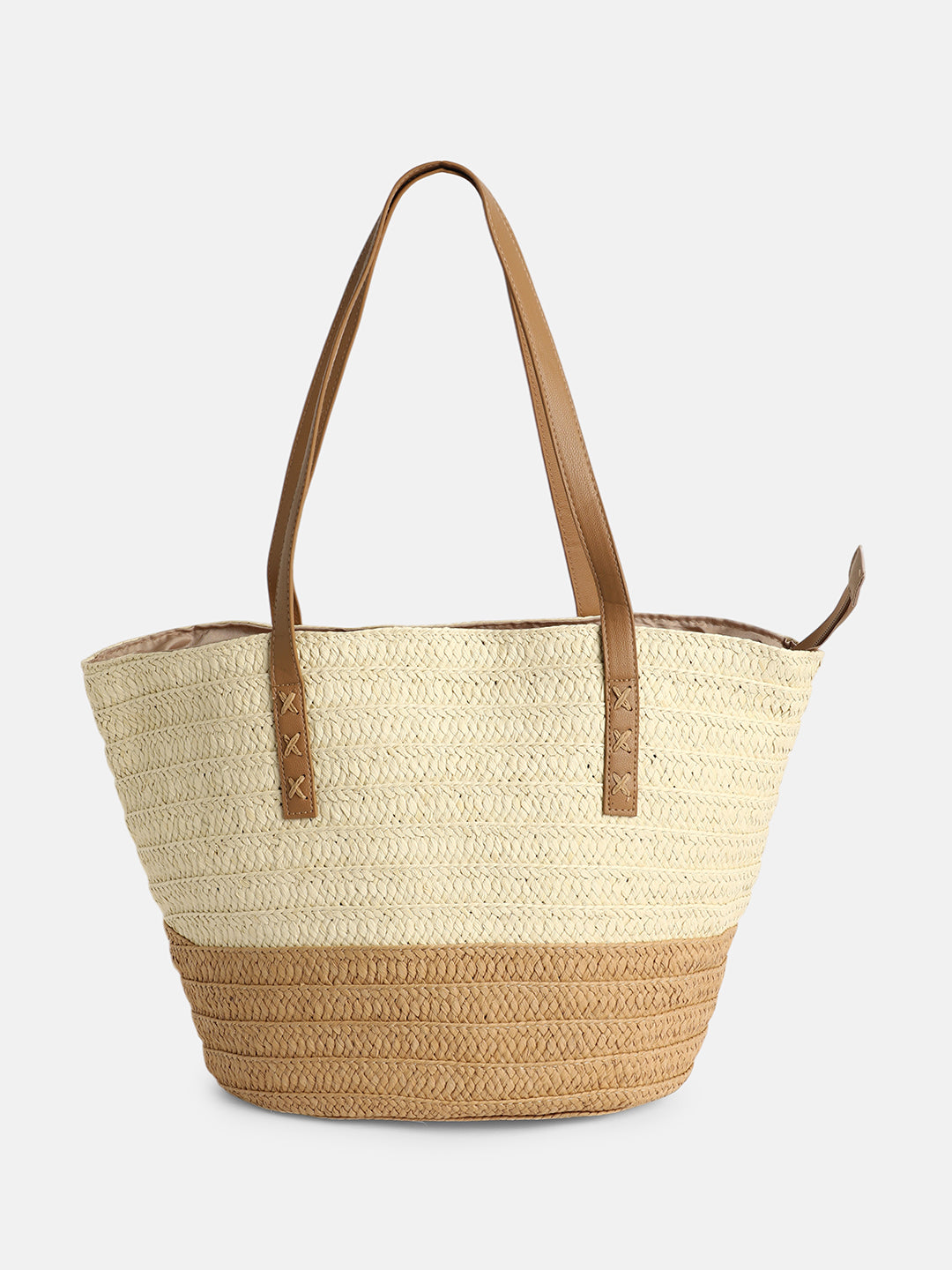 The Straw-Block Tote Bag - Khaki Brown:Off-White