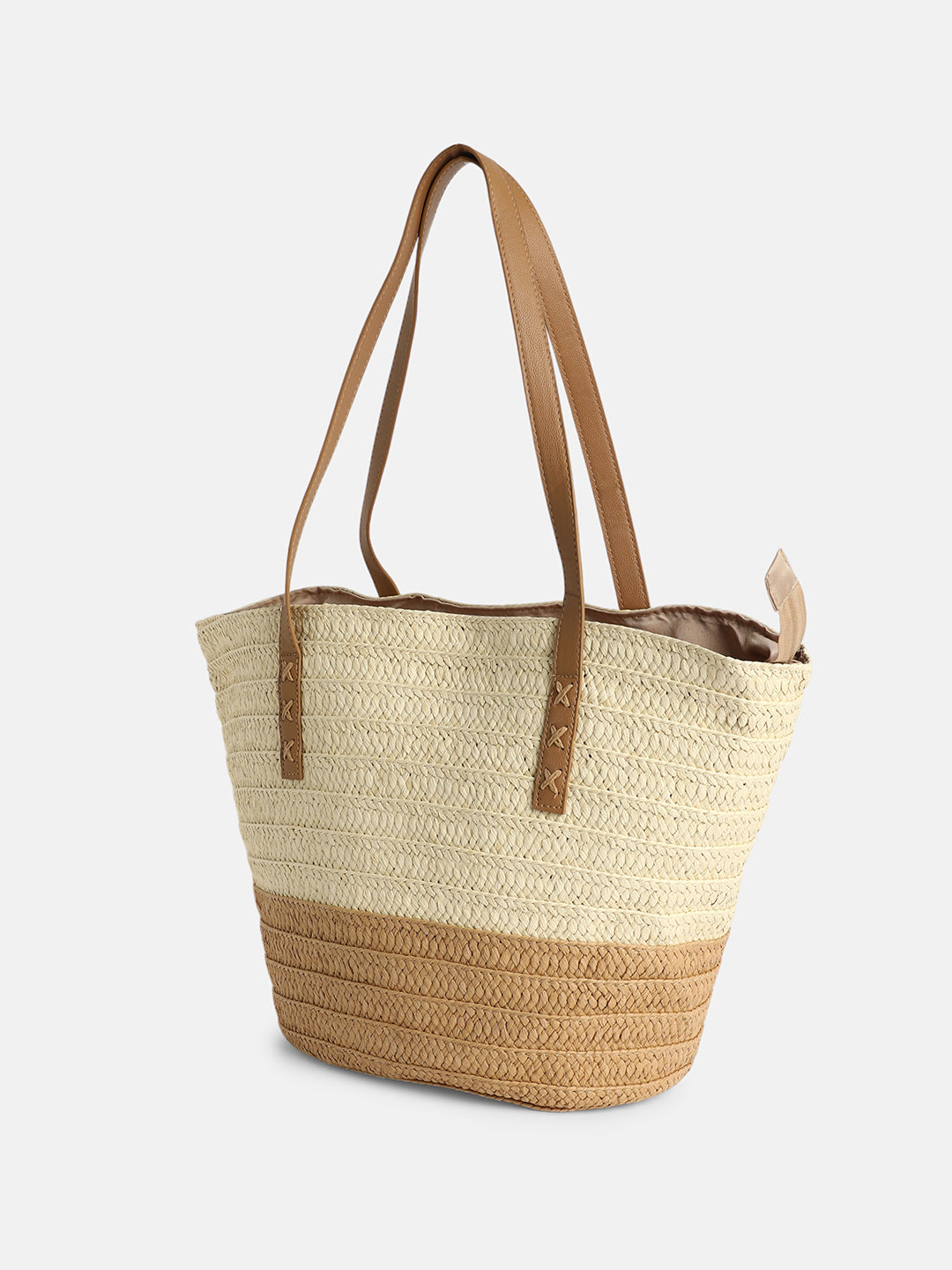 The Straw-Block Tote Bag - Khaki Brown:Off-White