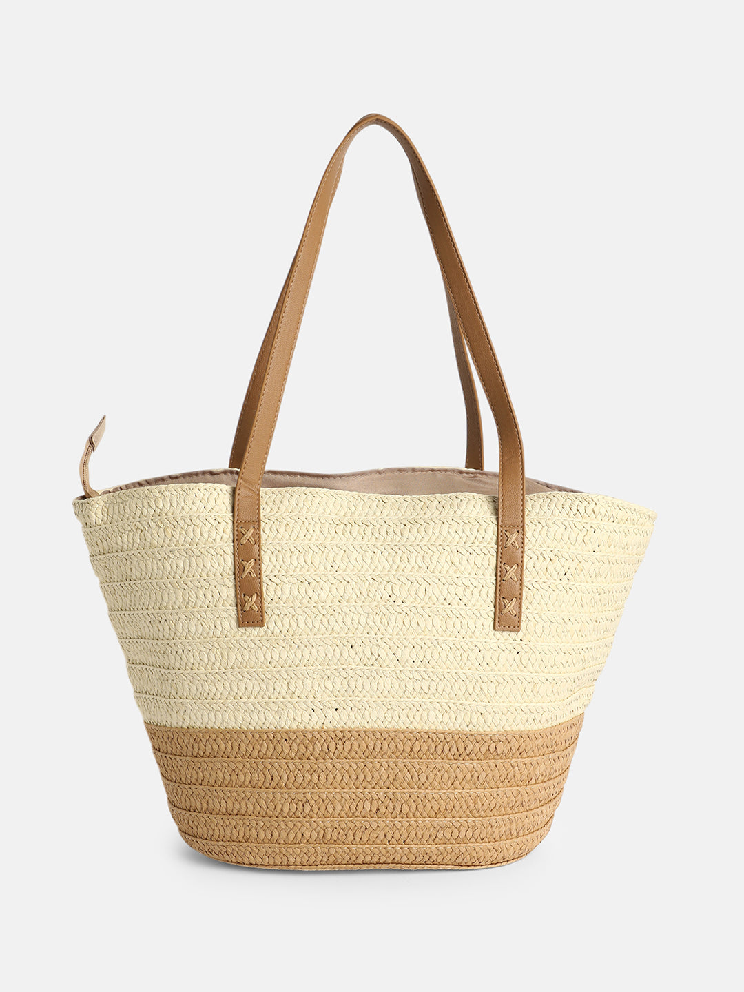 The Straw-Block Tote Bag - Khaki Brown:Off-White