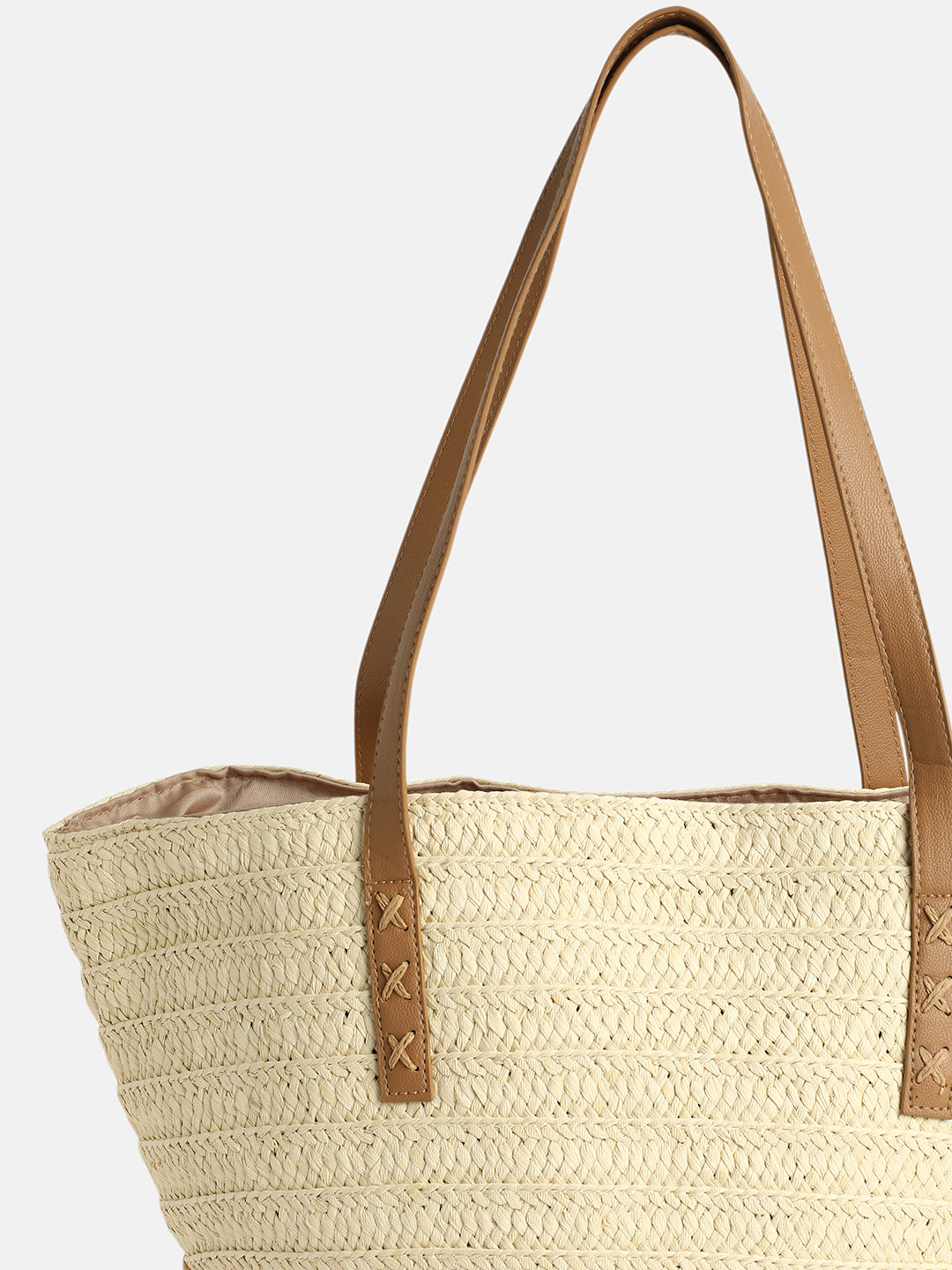 The Straw-Block Tote Bag - Khaki Brown:Off-White