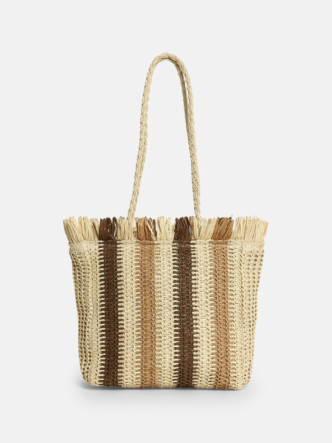 The Straw-Striped Tote Bag - Ecru Beige:Mocha Brown