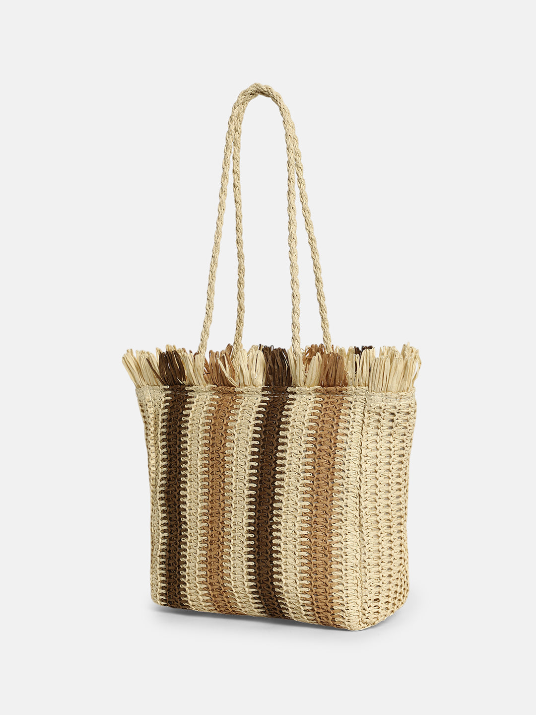 The Straw-Striped Tote Bag - Ecru Beige:Mocha Brown