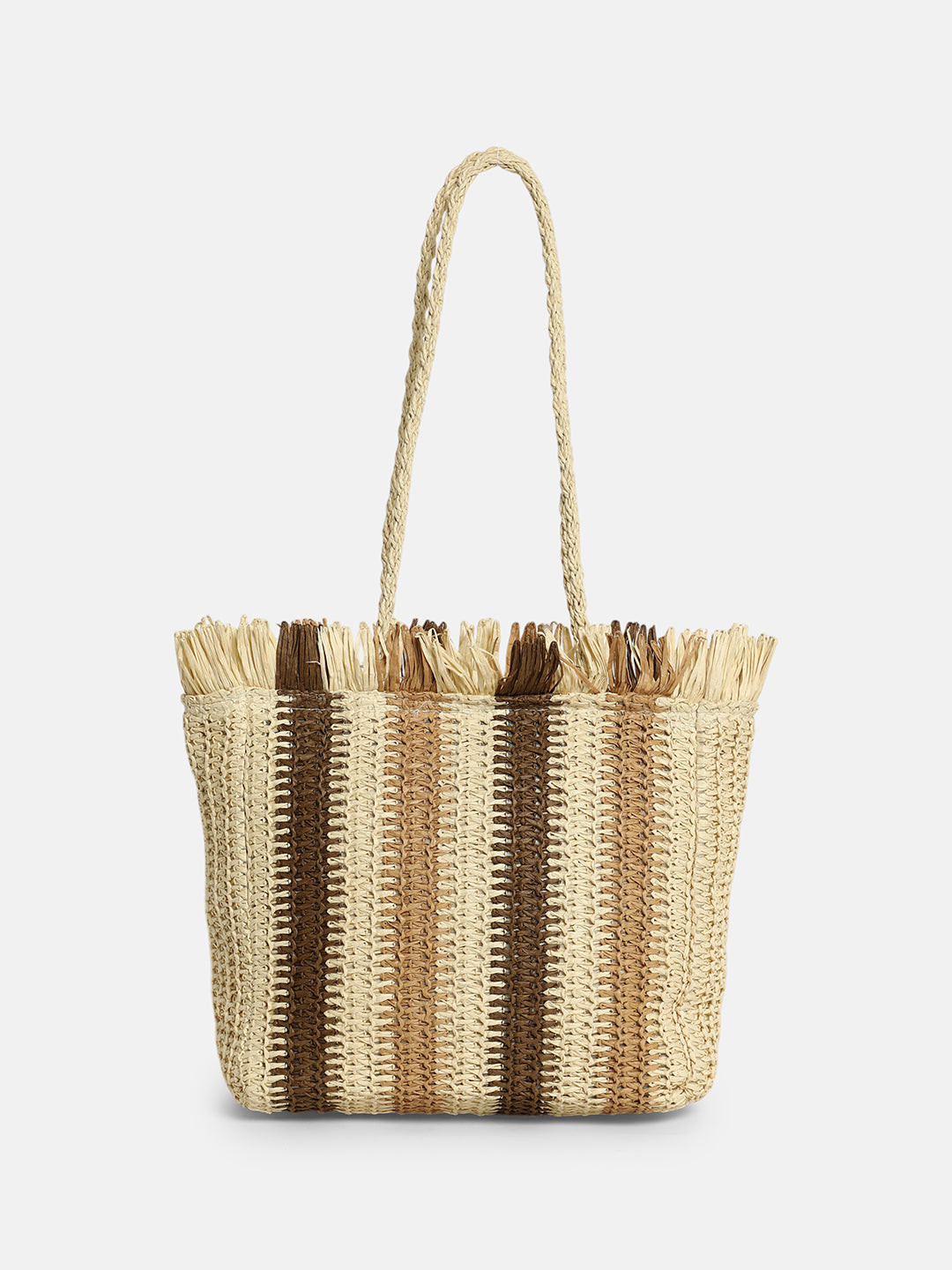 The Straw-Striped Tote Bag - Ecru Beige:Mocha Brown