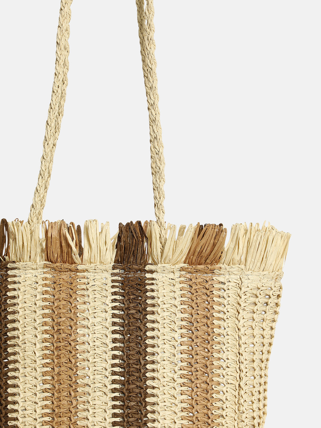 The Straw-Striped Tote Bag - Ecru Beige:Mocha Brown