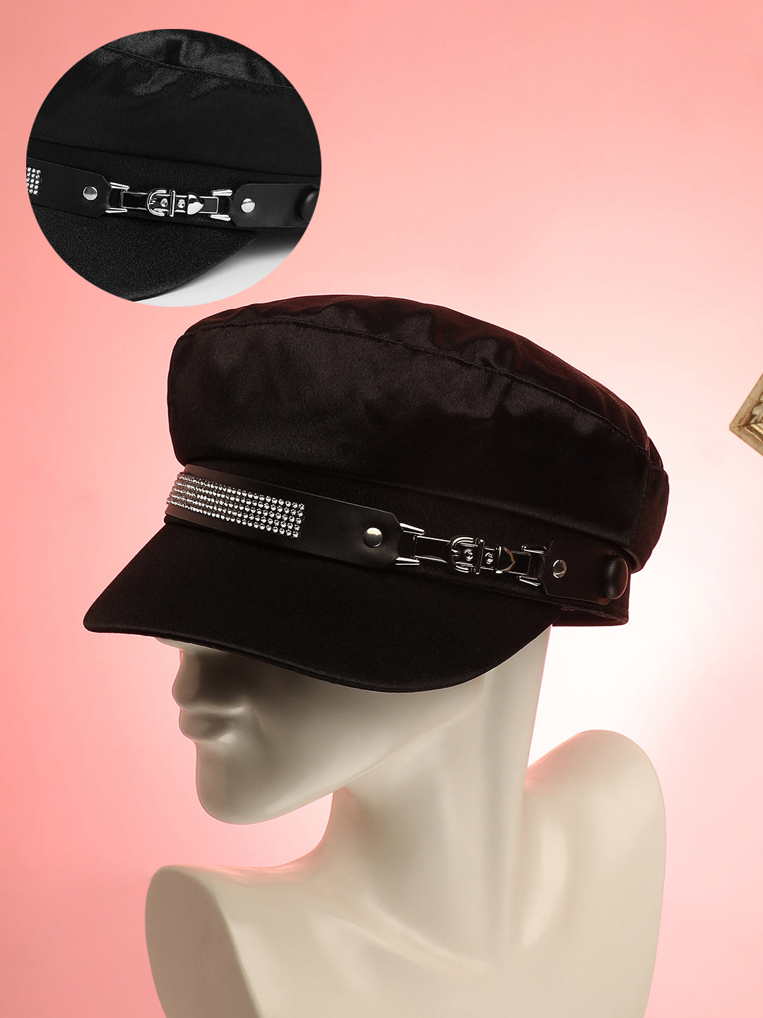 Women's Embellished Satin Bakerboy Cap - Midnight Black