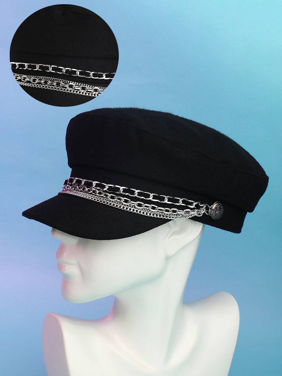 Women's Chain-Lined Bakerboy Cap - Midnight Black