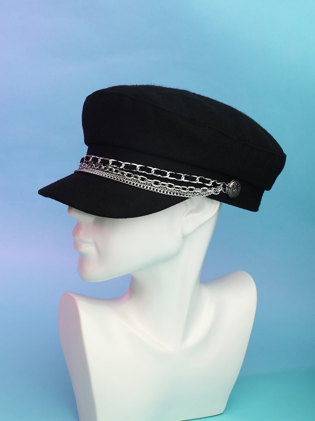 Women's Chain-Lined Bakerboy Cap - Midnight Black