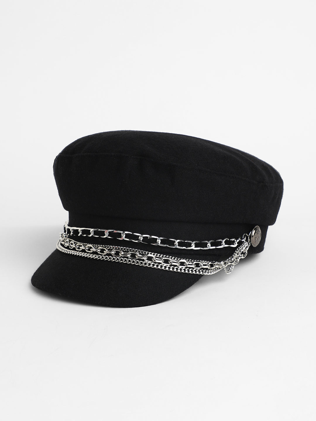 Women's Chain-Lined Bakerboy Cap - Midnight Black