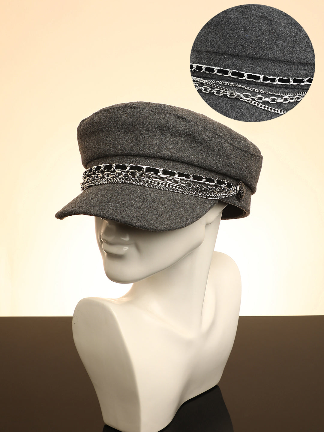 Women's Chain-Lined Bakerboy Cap - Charcoal Grey