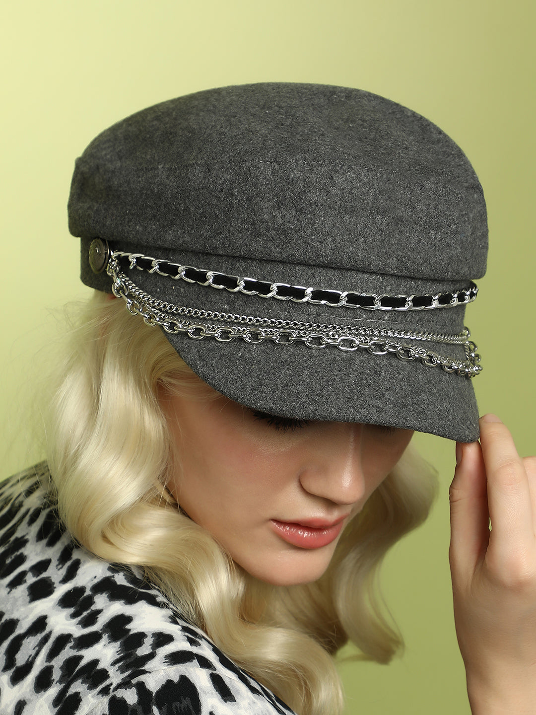 Women's Chain-Lined Bakerboy Cap - Charcoal Grey