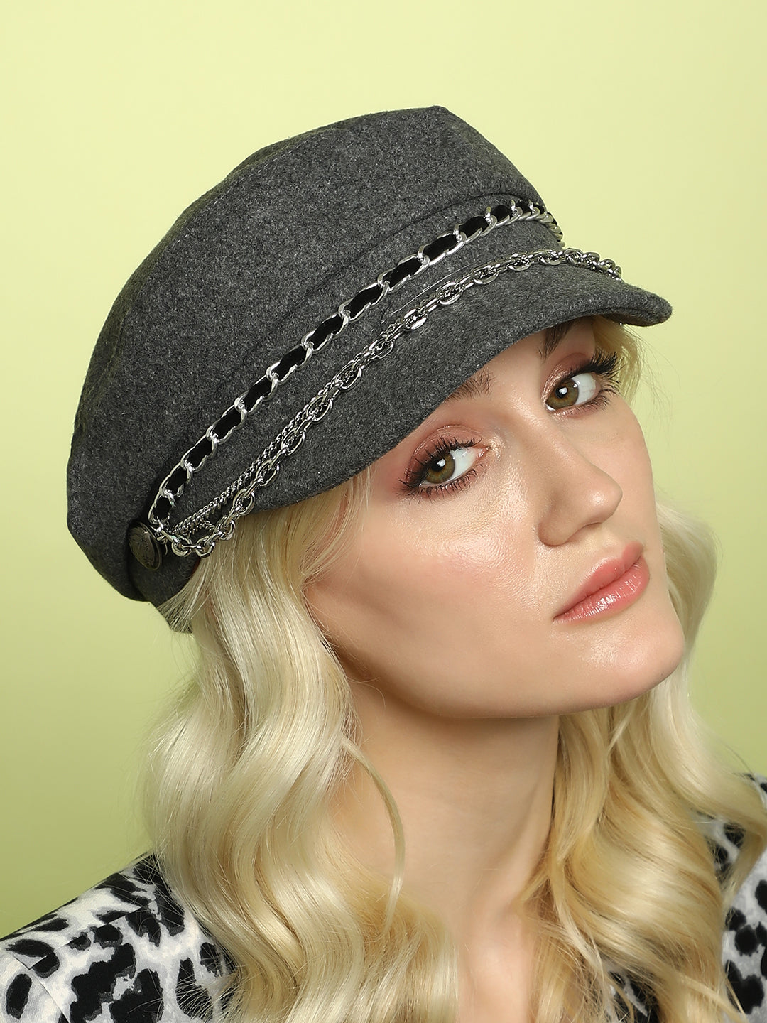 Women's Chain-Lined Bakerboy Cap - Charcoal Grey