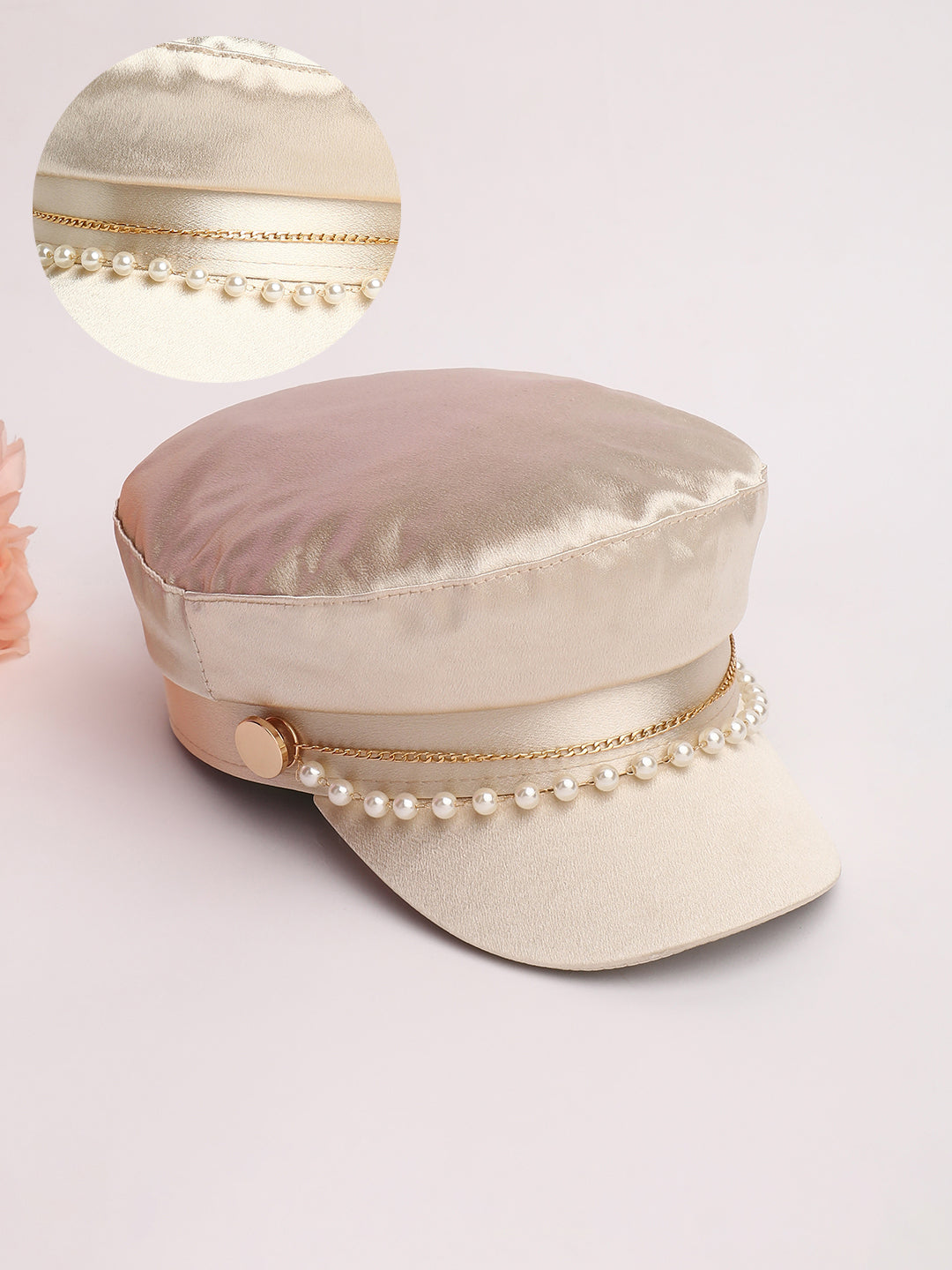 Chain-Lined Satin Bakerboy Cap - Saltbox Beige