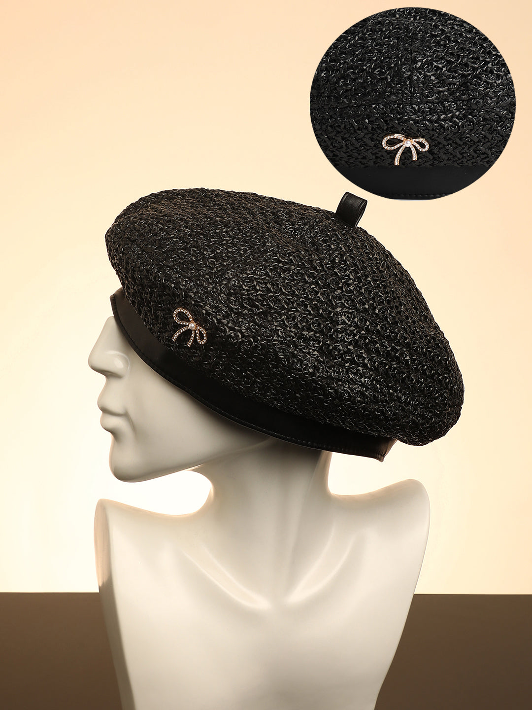 Women's Bow Woven Beret Hat - Midnight Black