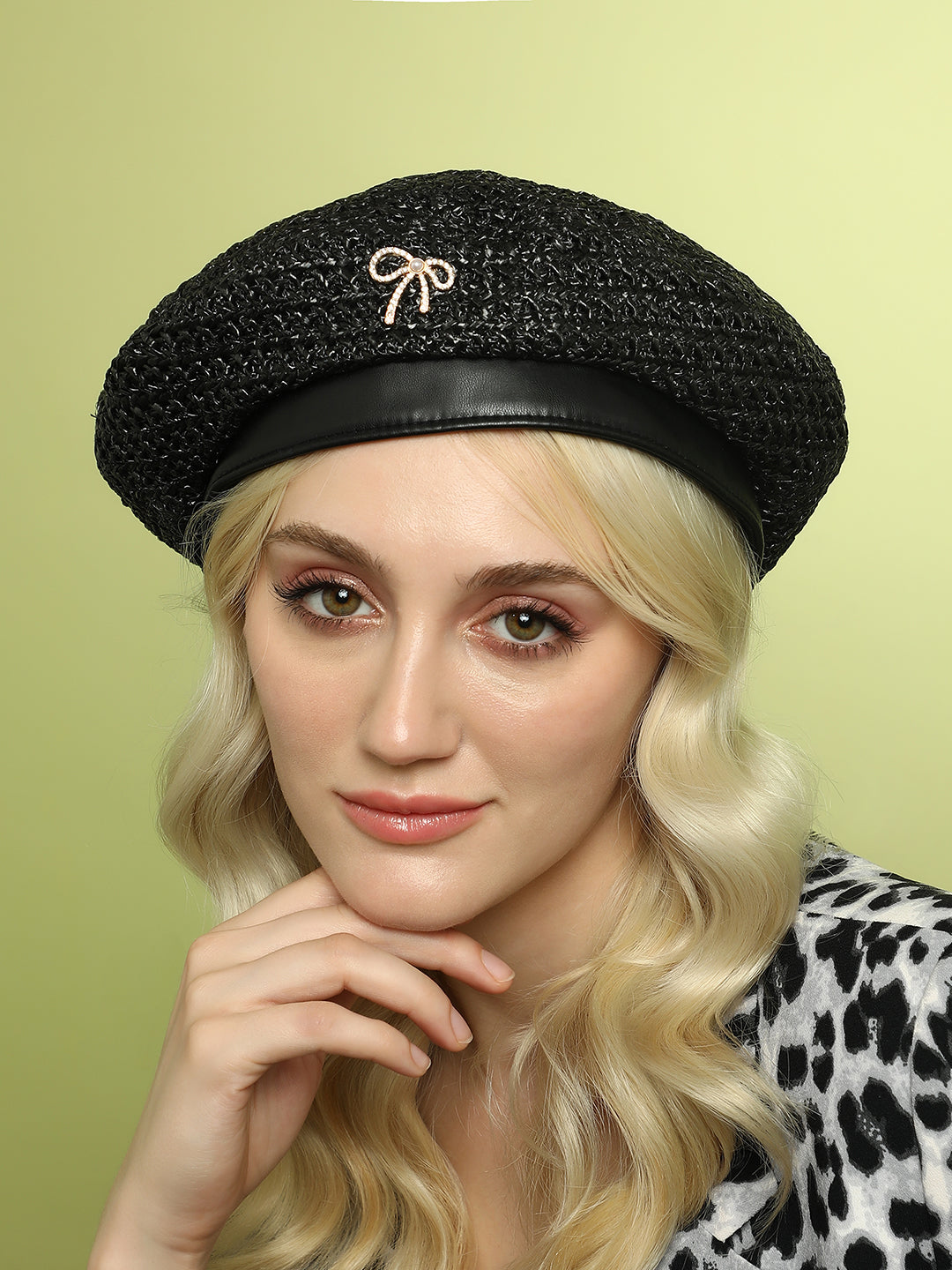 Women's Bow Woven Beret Hat - Midnight Black