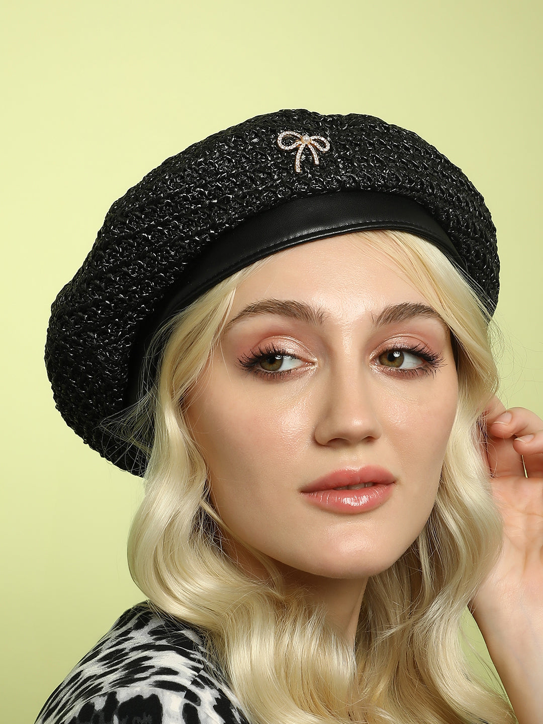 Women's Bow Woven Beret Hat - Midnight Black