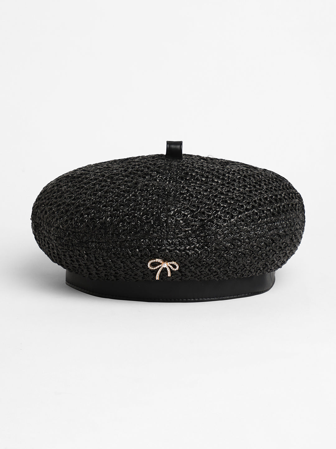 Women's Bow Woven Beret Hat - Midnight Black