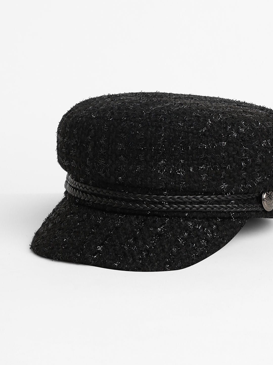 Women's Braid-Lined Bakerboy Cap - Midnight Black