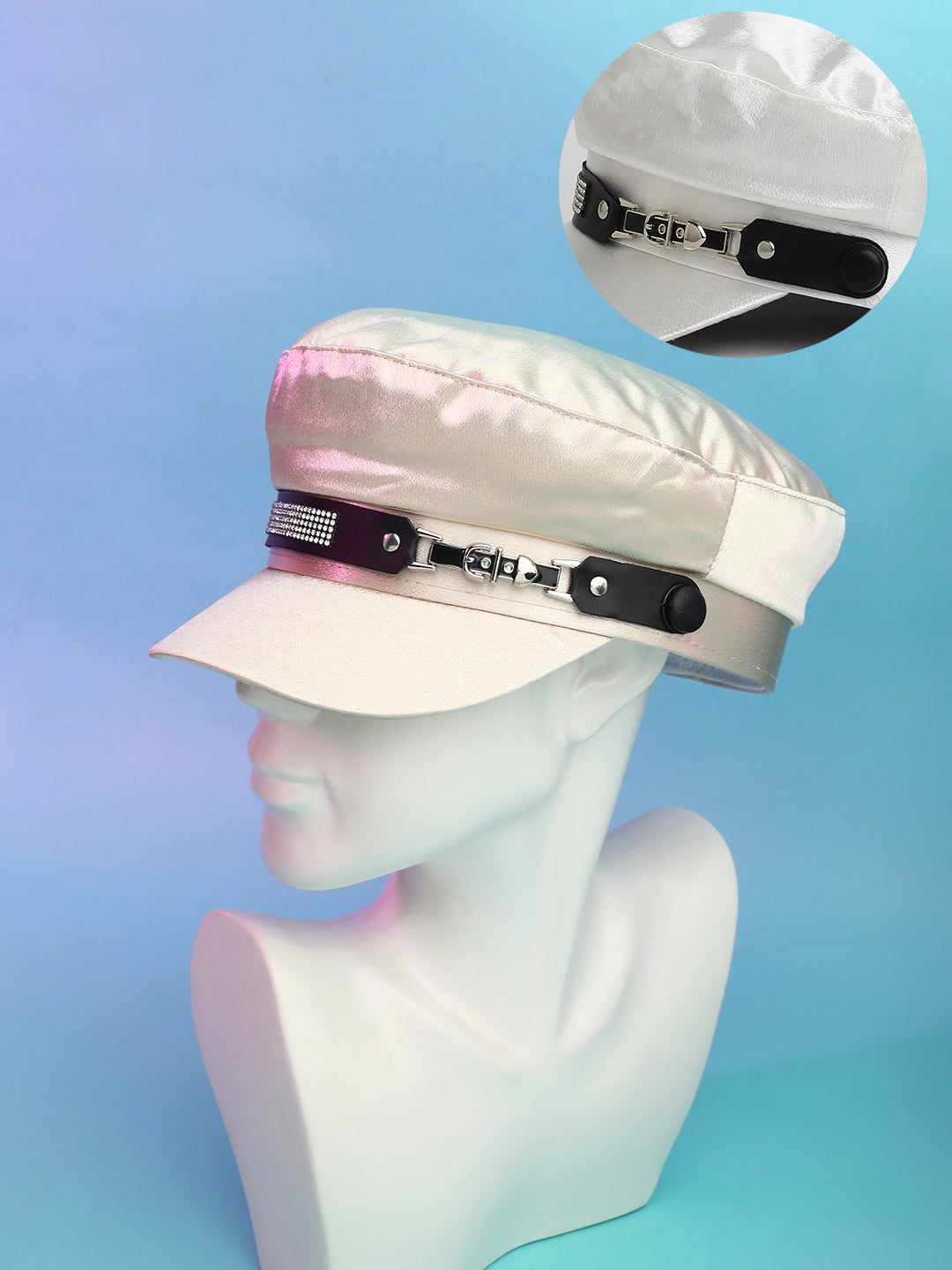 Women's Embellished Satin Bakerboy Cap - Powder White