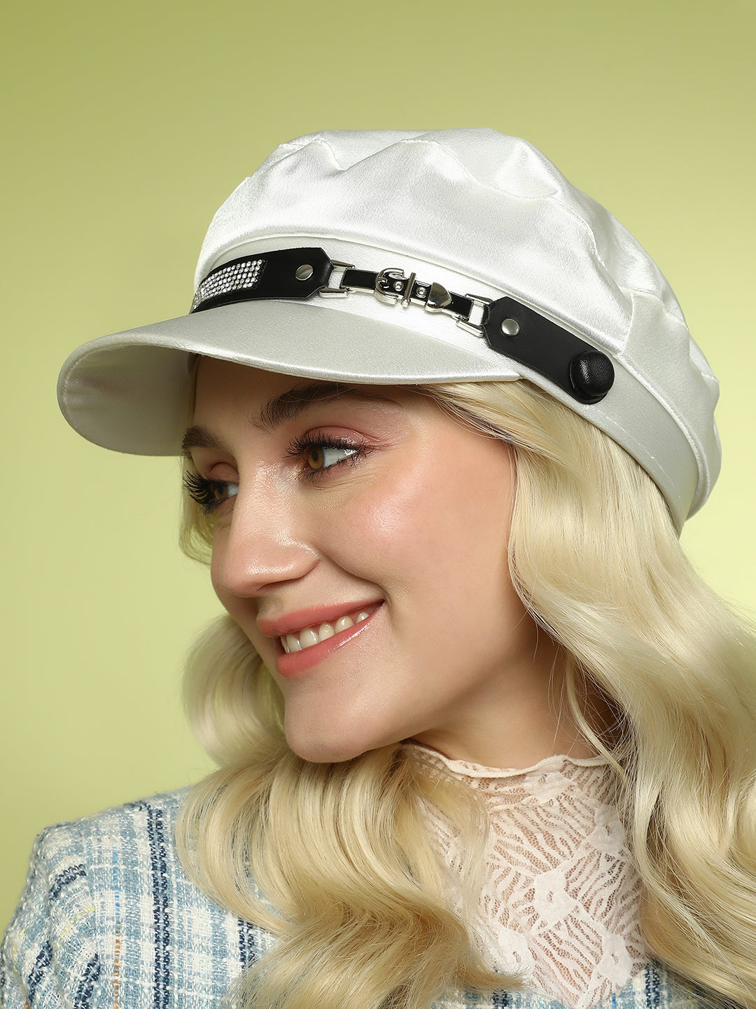 Women's Embellished Satin Bakerboy Cap - Powder White