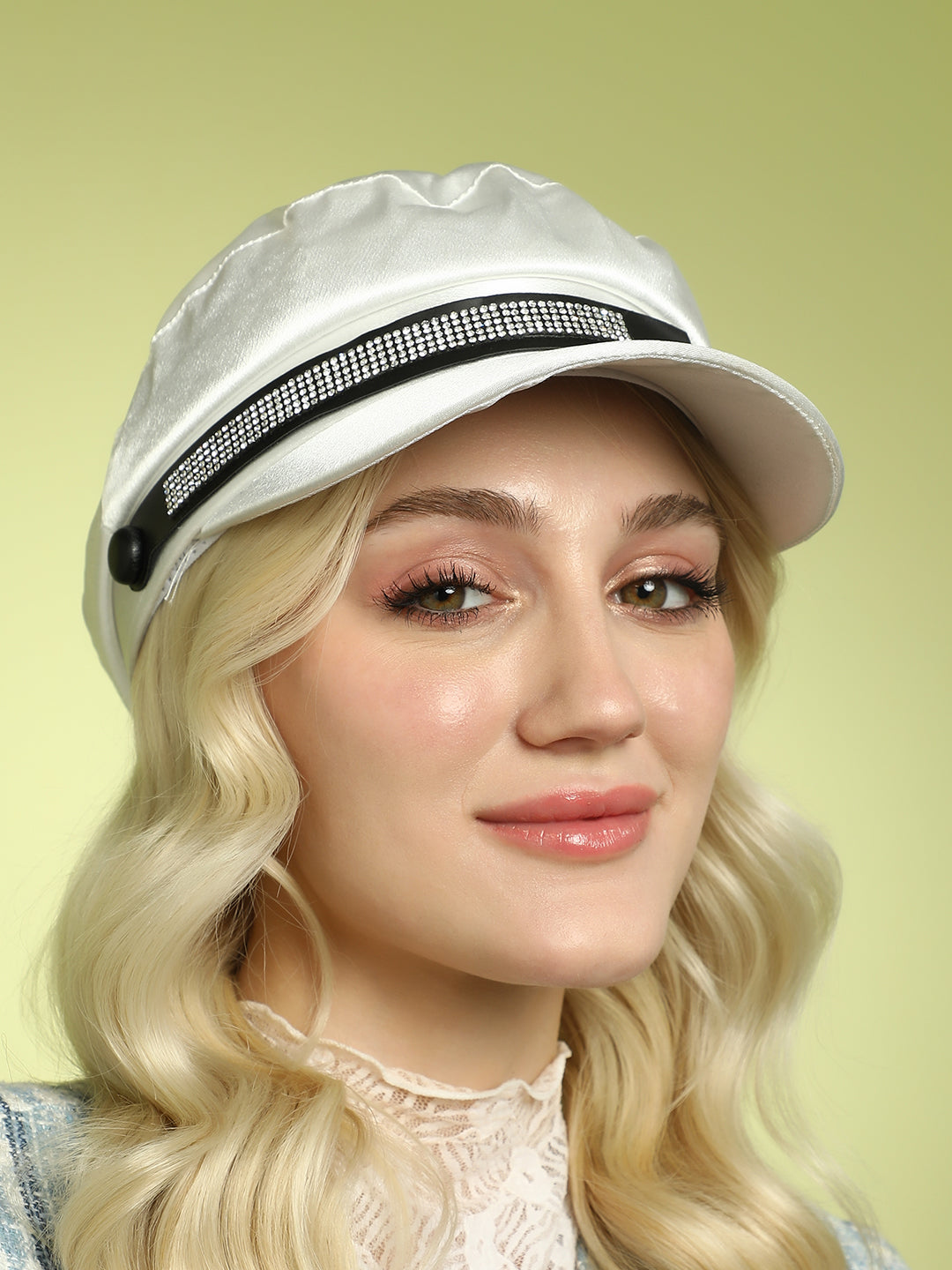 Women's Embellished Satin Bakerboy Cap - Powder White