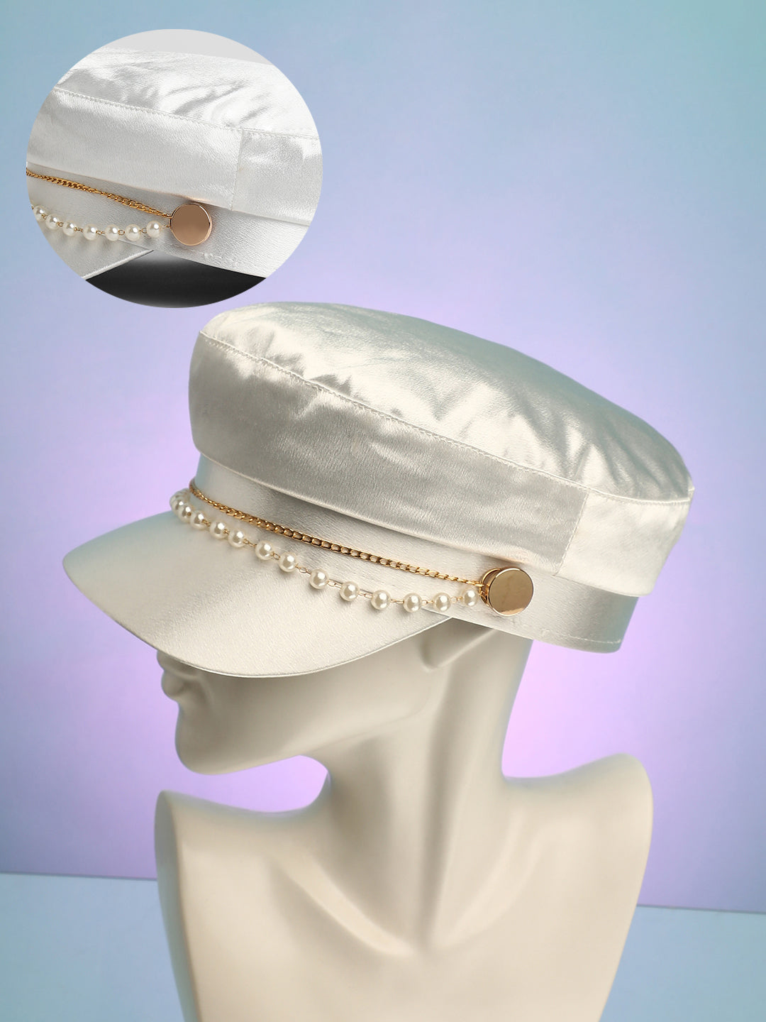 Women's Chain-Lined Satin Bakerboy Cap - Powder White