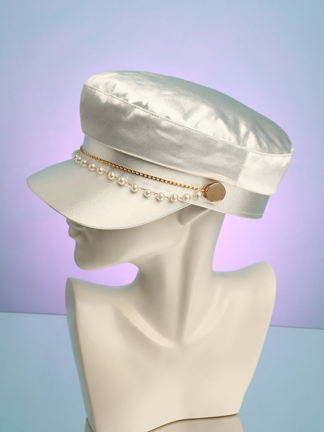 Women's Chain-Lined Satin Bakerboy Cap - Powder White