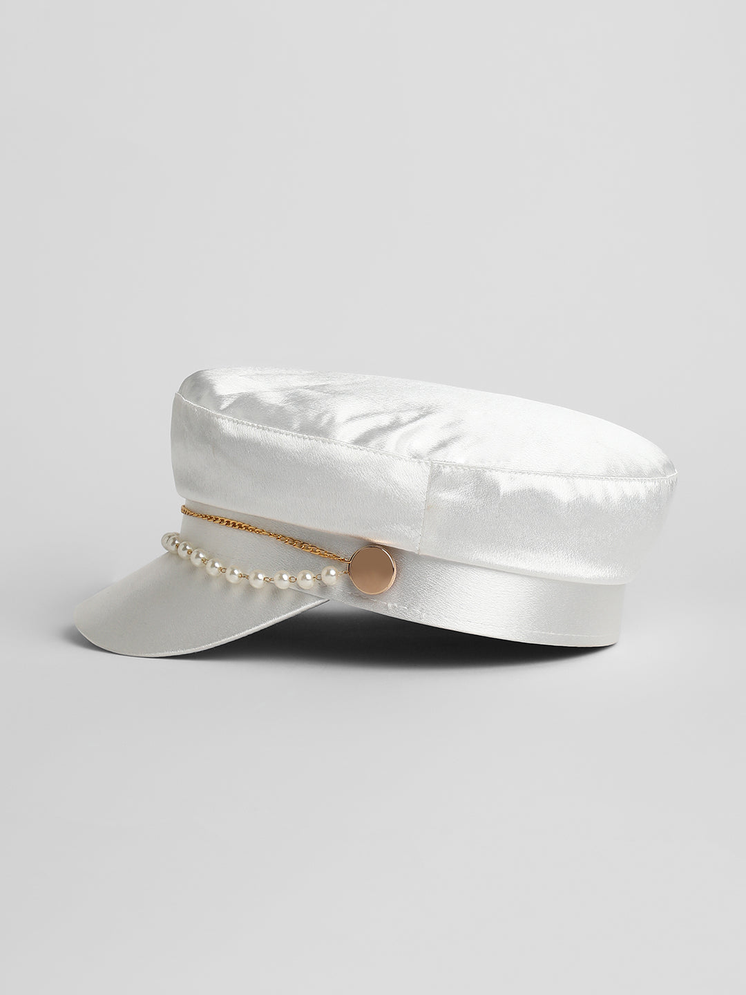 Women's Chain-Lined Satin Bakerboy Cap - Powder White