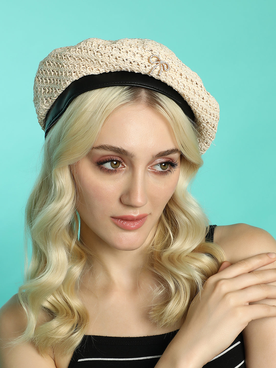 Women's Bow Woven Beret Hat - Off-White