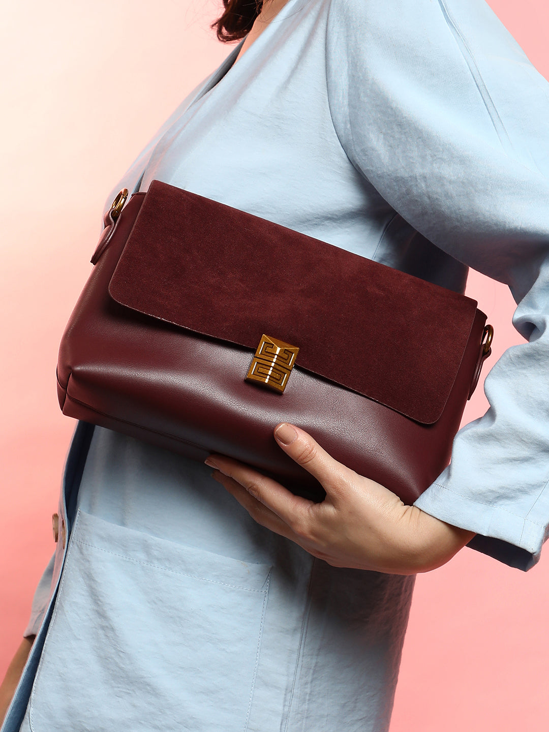 The Velvet Block Shoulder Bag - Wine Red