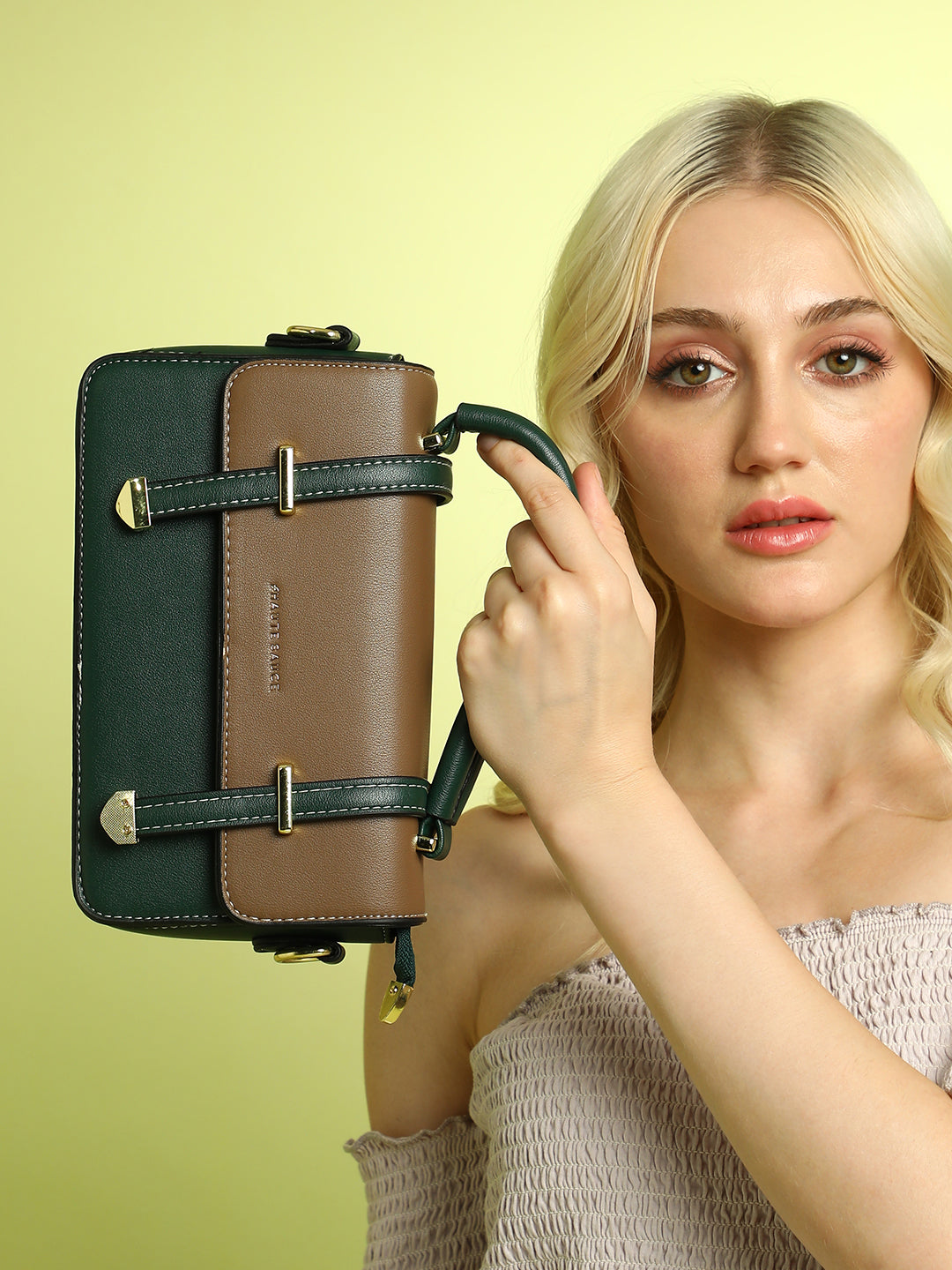 The Linea Hand Bag - Forest Green & Mocha Brown