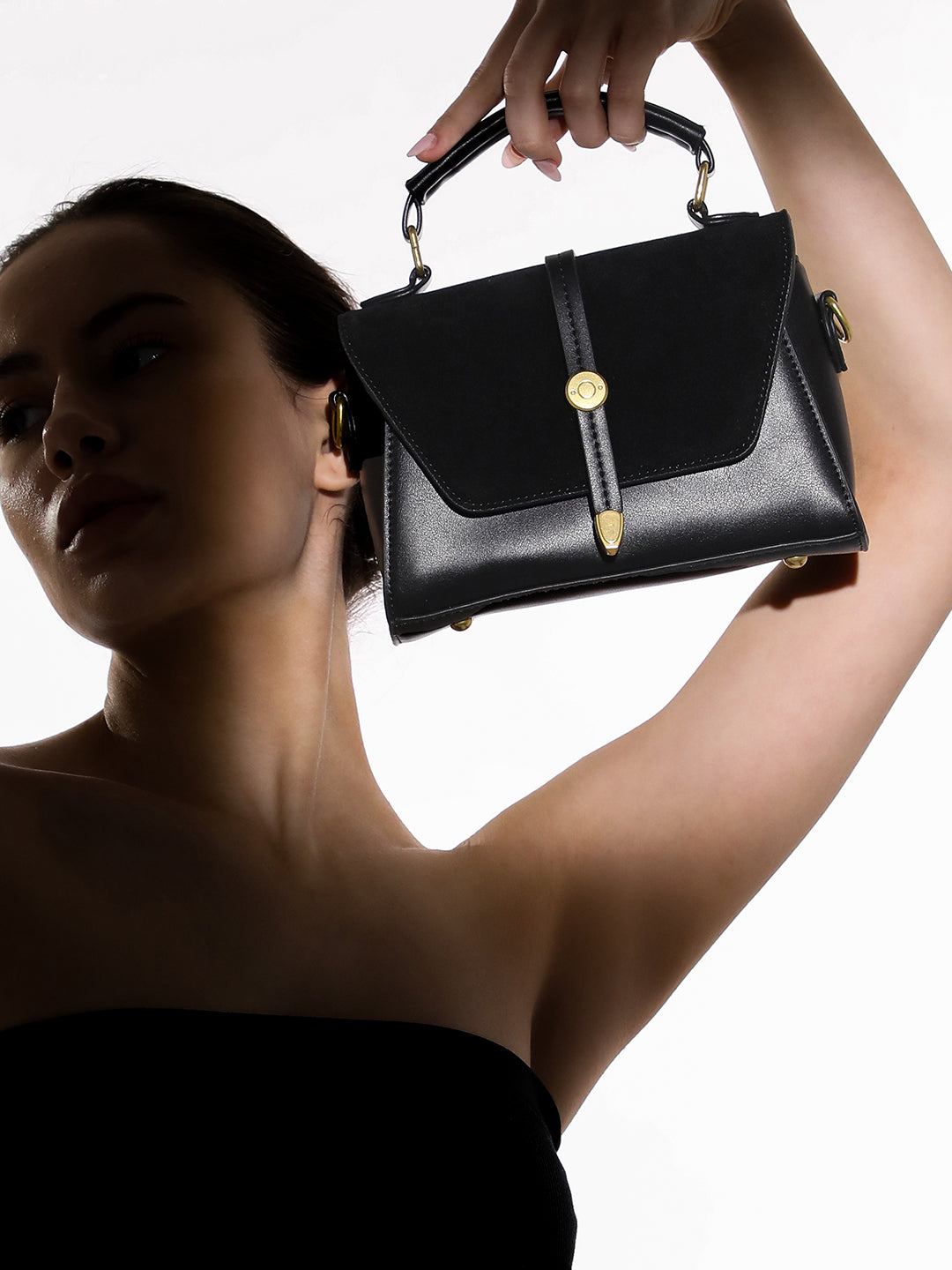 The Aurest Suede-Block Hand Bag - Onyx Black