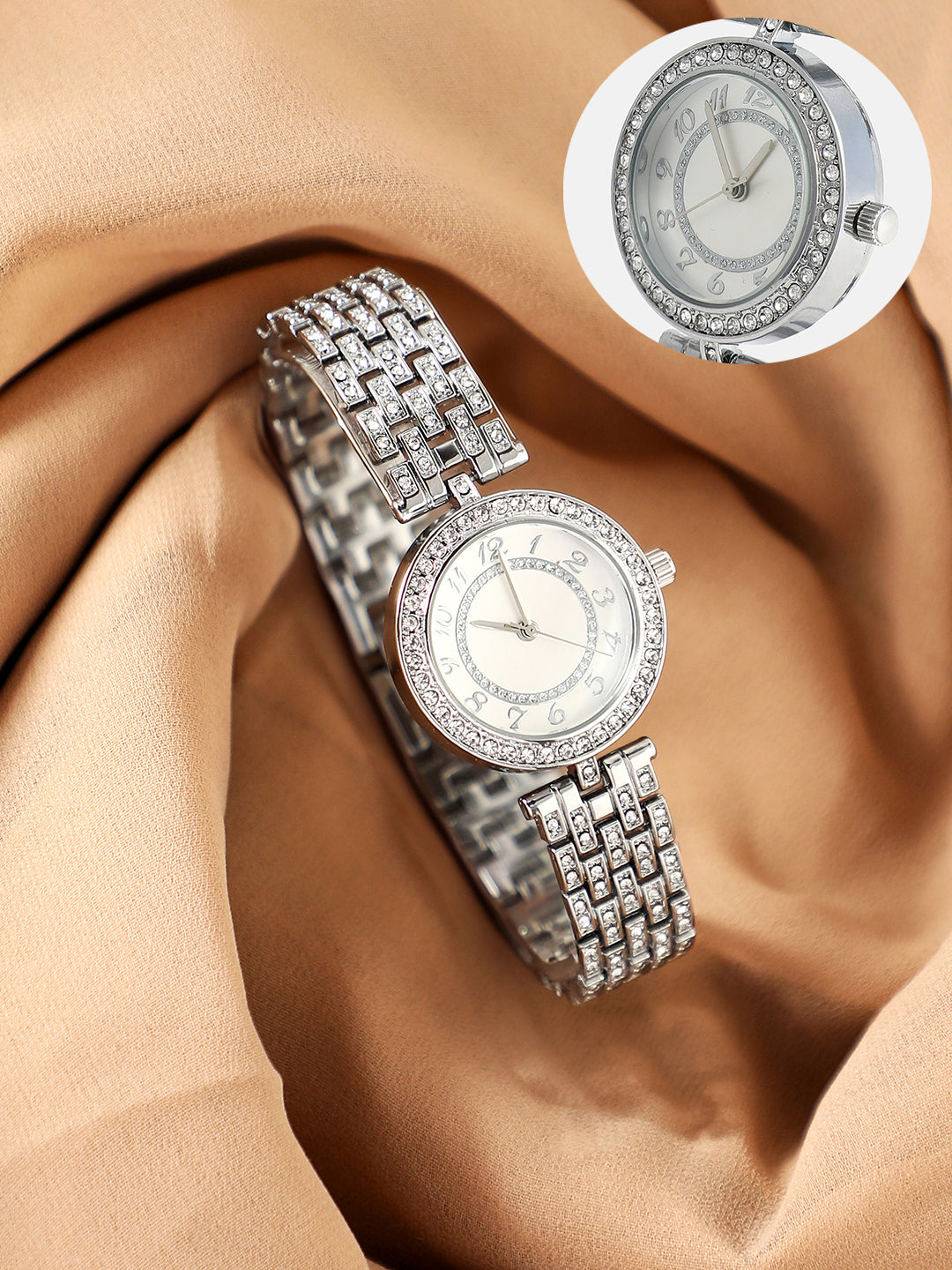 The Embellished Five-Link Round Watch - Metallic Silver