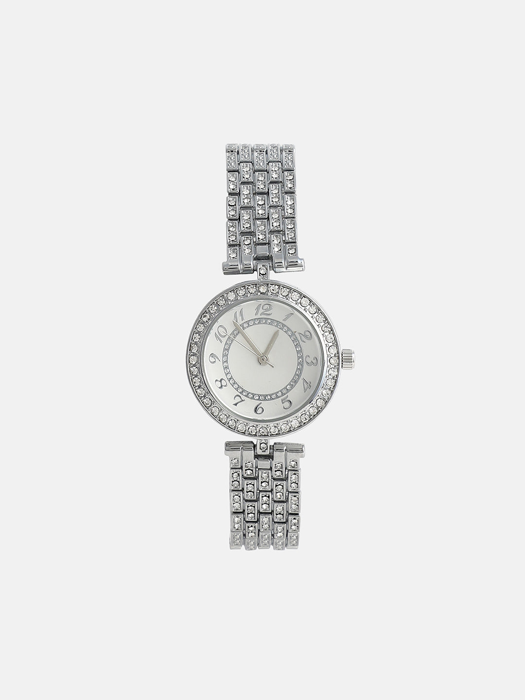 The Embellished Five-Link Round Watch - Metallic Silver