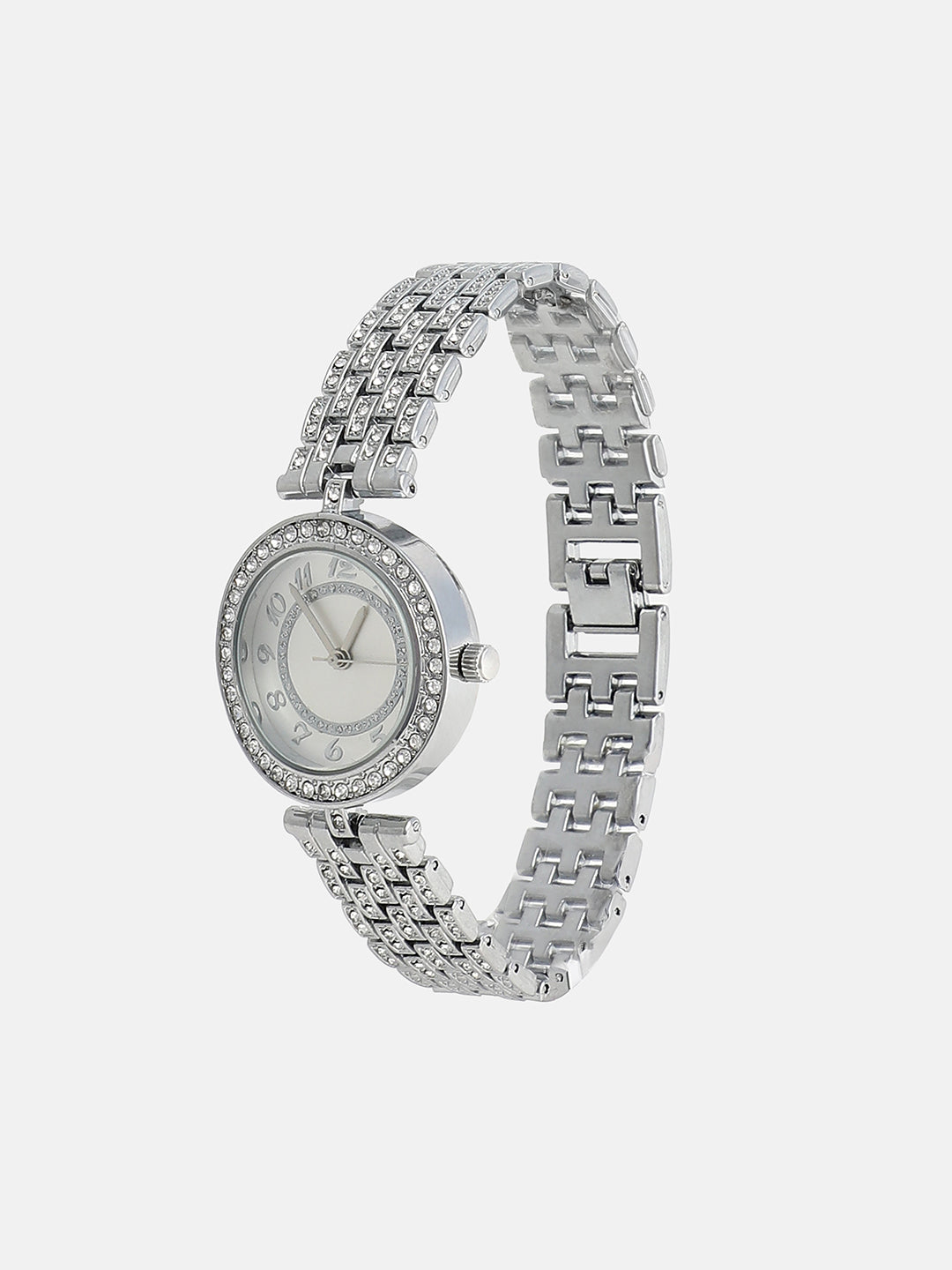 The Embellished Five-Link Round Watch - Metallic Silver